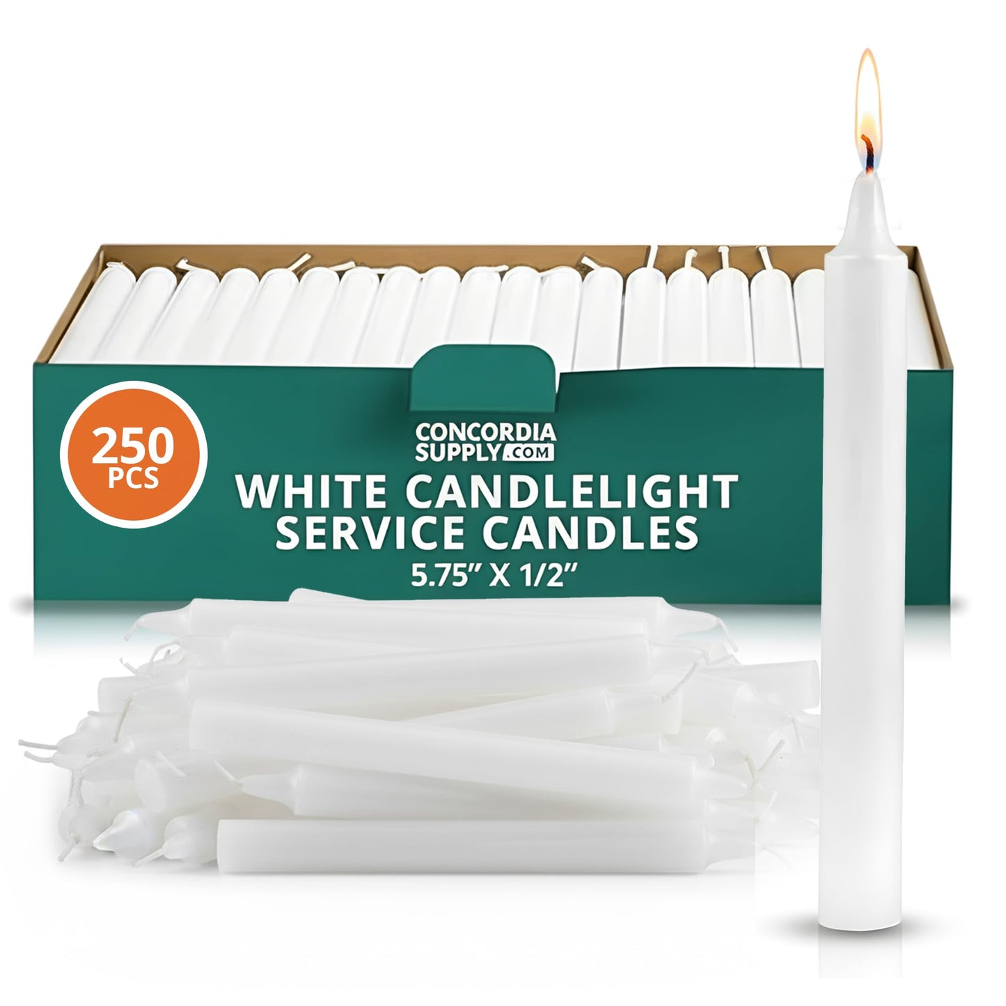 Concordia Supply Church Candles for Candle Light Service Vigil - 5.75" x 1/2" Bulk White Candles for Memorial, Congregational, Shabbat, Wedding, Communion, Baptism & Christmas Ceremonies - Box of 250