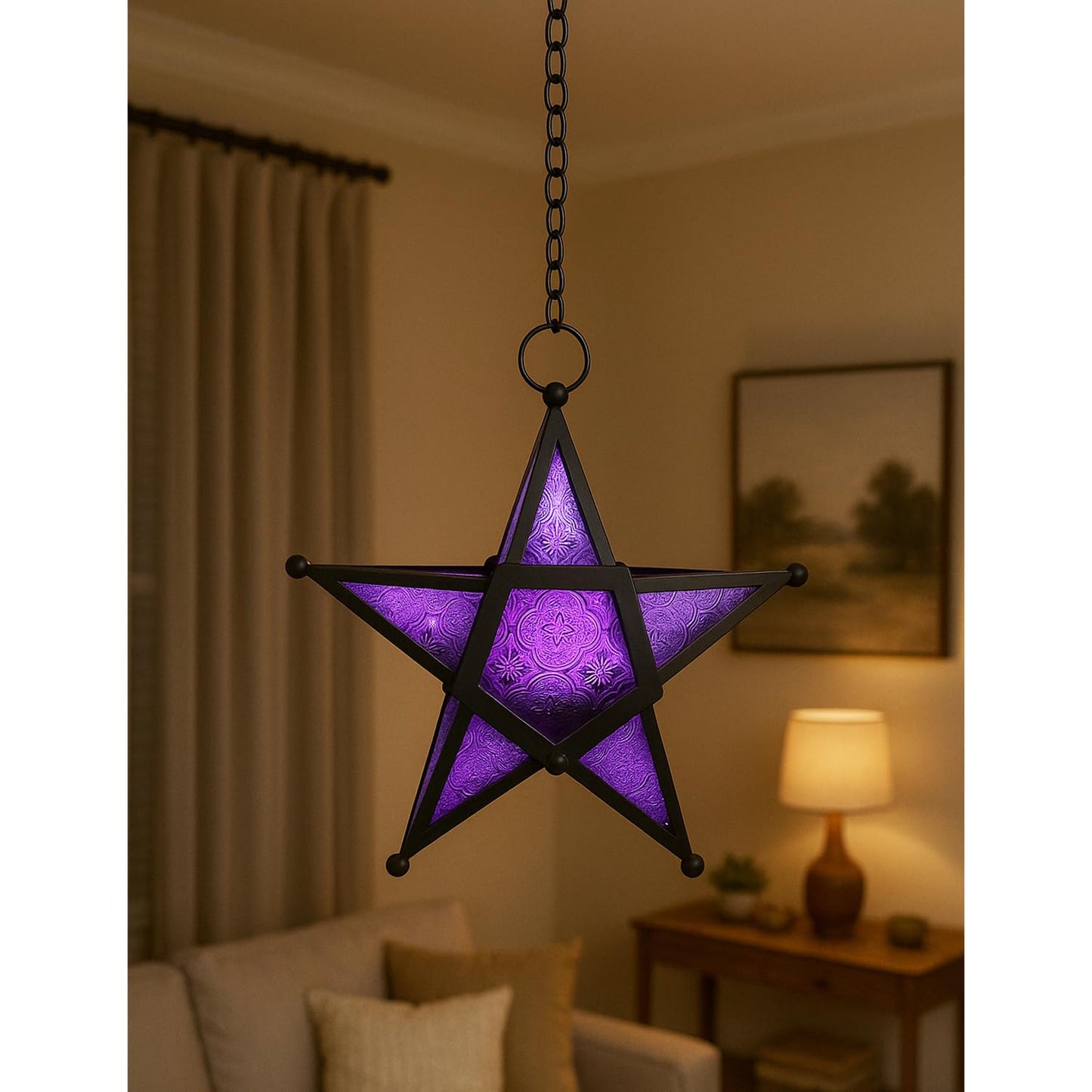 VELA LANTERNS Set of 2 Decorative Hanging Star Candle Lanterns – Moroccan Style Purple Glass & Metal Tealight Holders for Indoor, Outdoor, Patio, and Home Decor