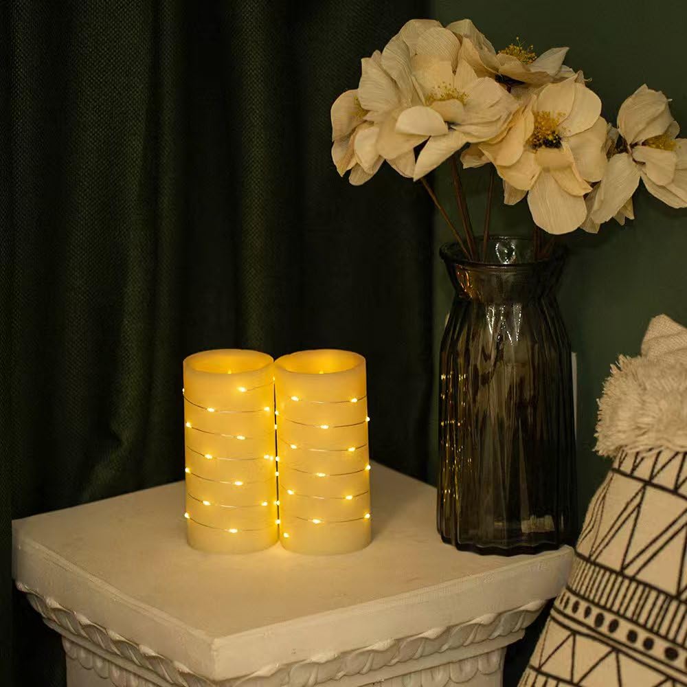 BeMoment Flickering Flameless Candles Ivory Real Wax Pillar with Embedded String Lights LED Candles Battery Operated Candle with Timer and Remote, for Bedroom, Wedding, Home Decor Set of 2 (3" x 6")