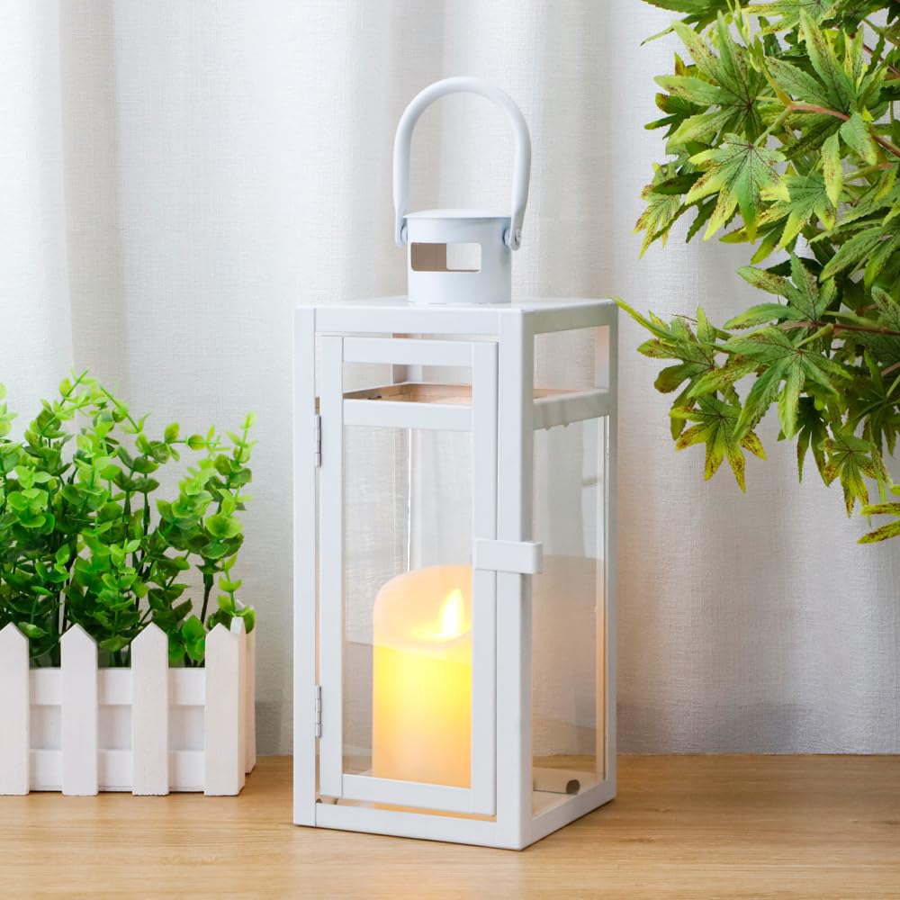 TRIROCKS Decorative Candle Lantern 12'' High Metal Candle Holder with Tempered Glass Perfect for Home Decor Living Room Parties Events Tabletop Indoor Outdoor (White)