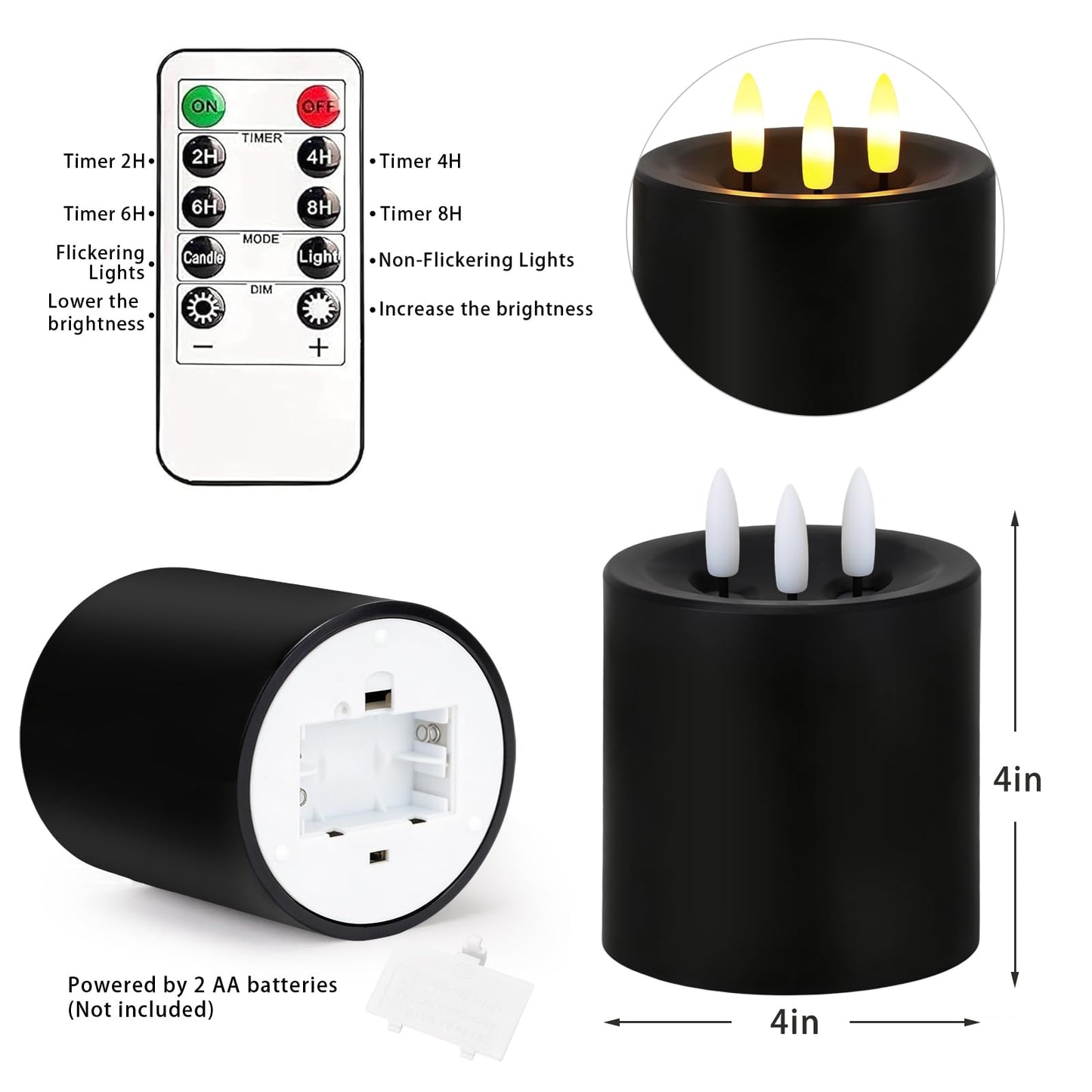 Large 3 Wick Flameless Candles, 4"x4" Flickering LED Candles with Remote & Timer, Dimmable Real Wax Electric Pillar Candles Battery Operated, Black Candles Light for Home Halloween Decor (Black)