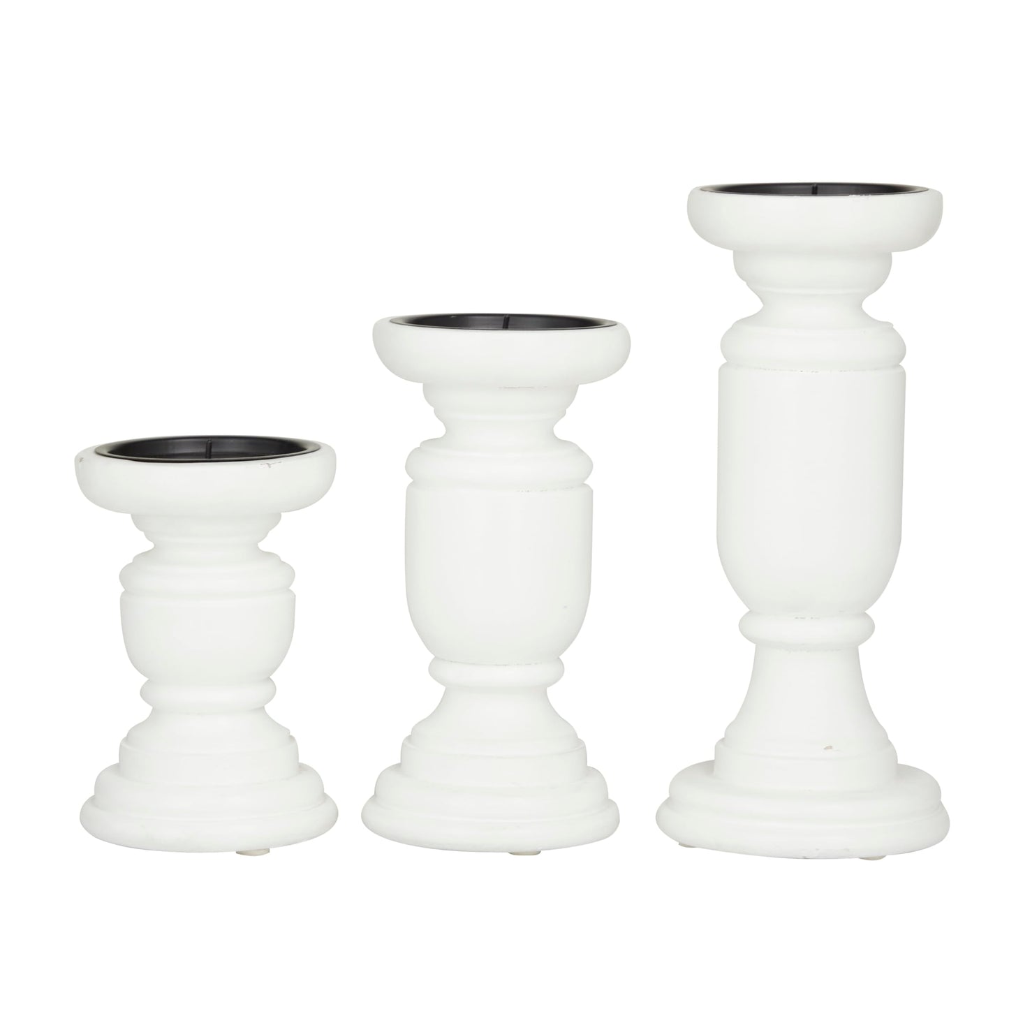 Deco 79 Mango Wood Turned Style Pillar Candle Holder, Set of 3 10", 8", 6"H, White