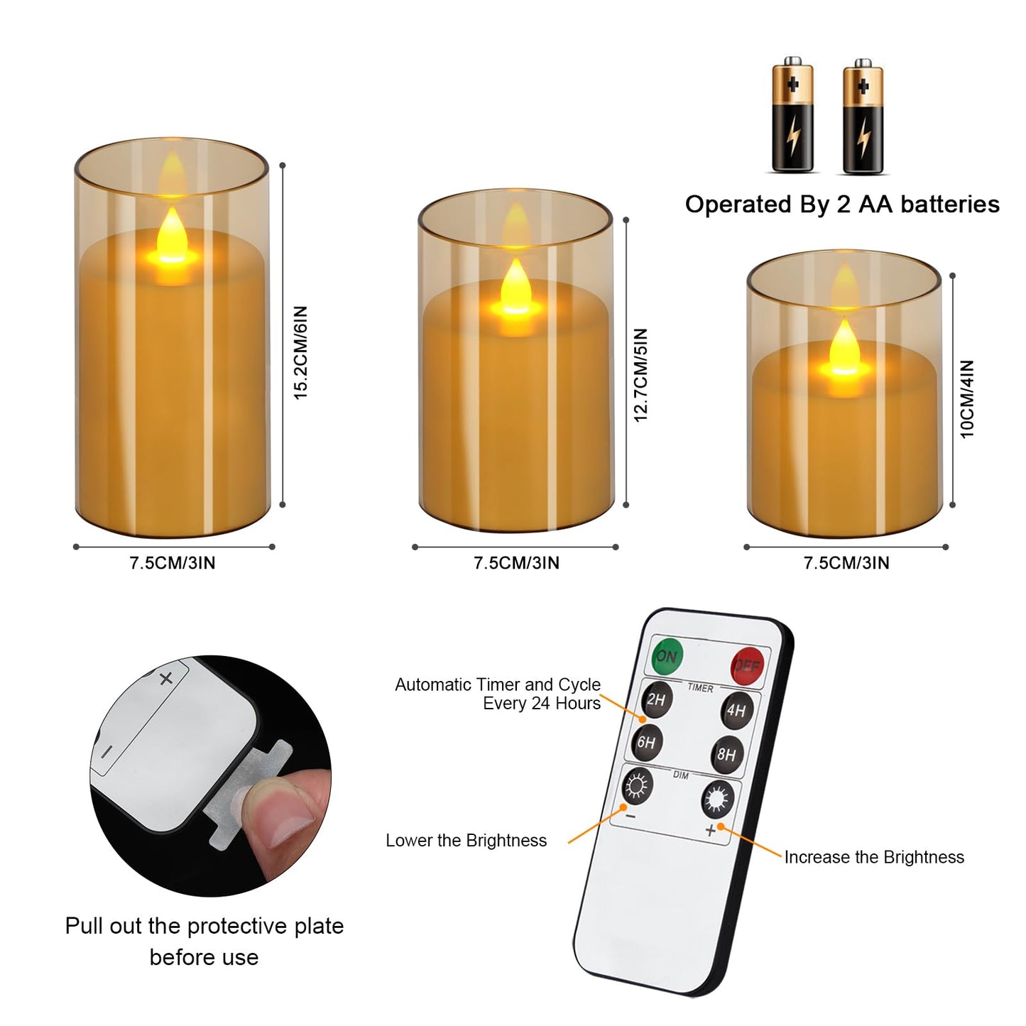 wemarry Flameless Candles 4" 5" 6" Acrylic Glass Pillars 3" Diameter Battery Operated Flickering Candles Include 8-Key Remote with Timer Function 400+ Hours (Amber, Warm Light 3 Pack)