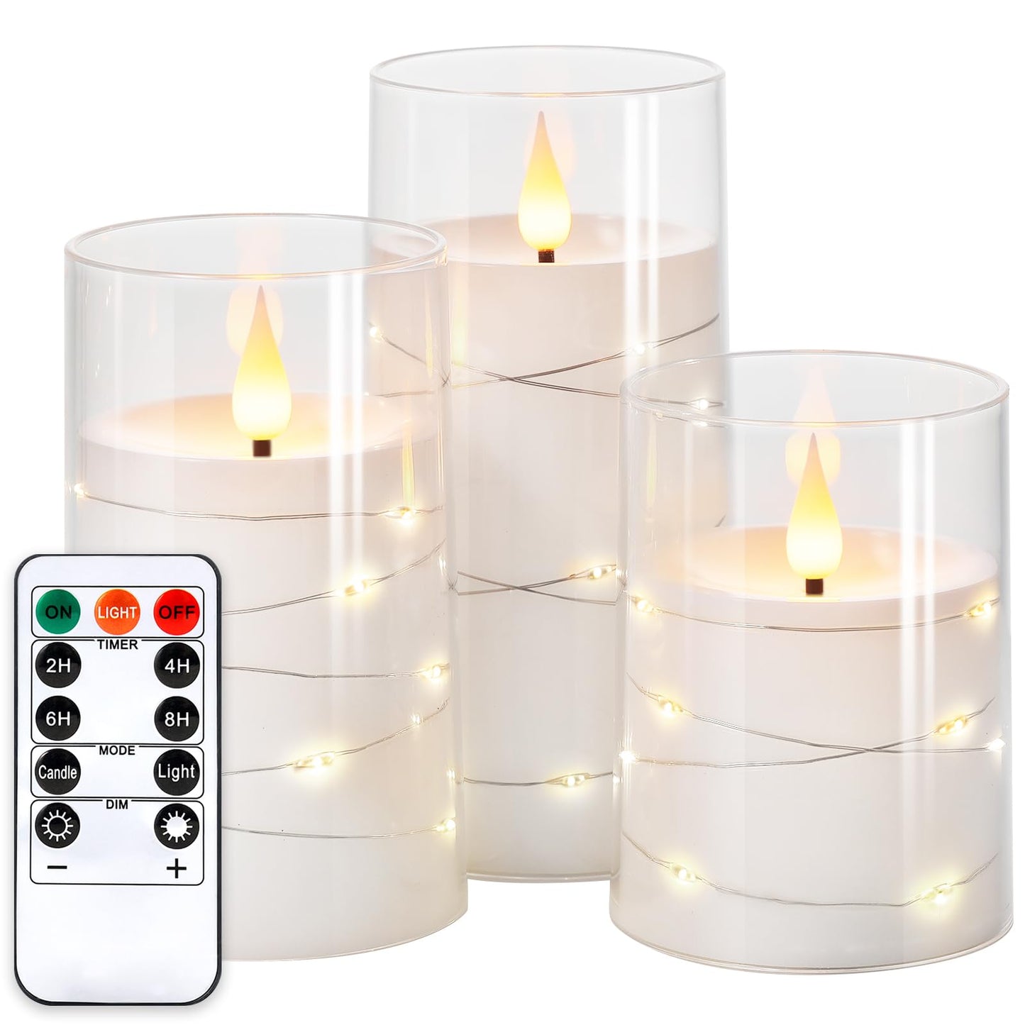 NURADA Flickering Flameless Candles: Built-in Star String Lights Acrylic 3D Wick Battery Operated LED Pillar Candles with Remote and Timer for Romantic Mood Home Decoration - 3 Pack Pure White