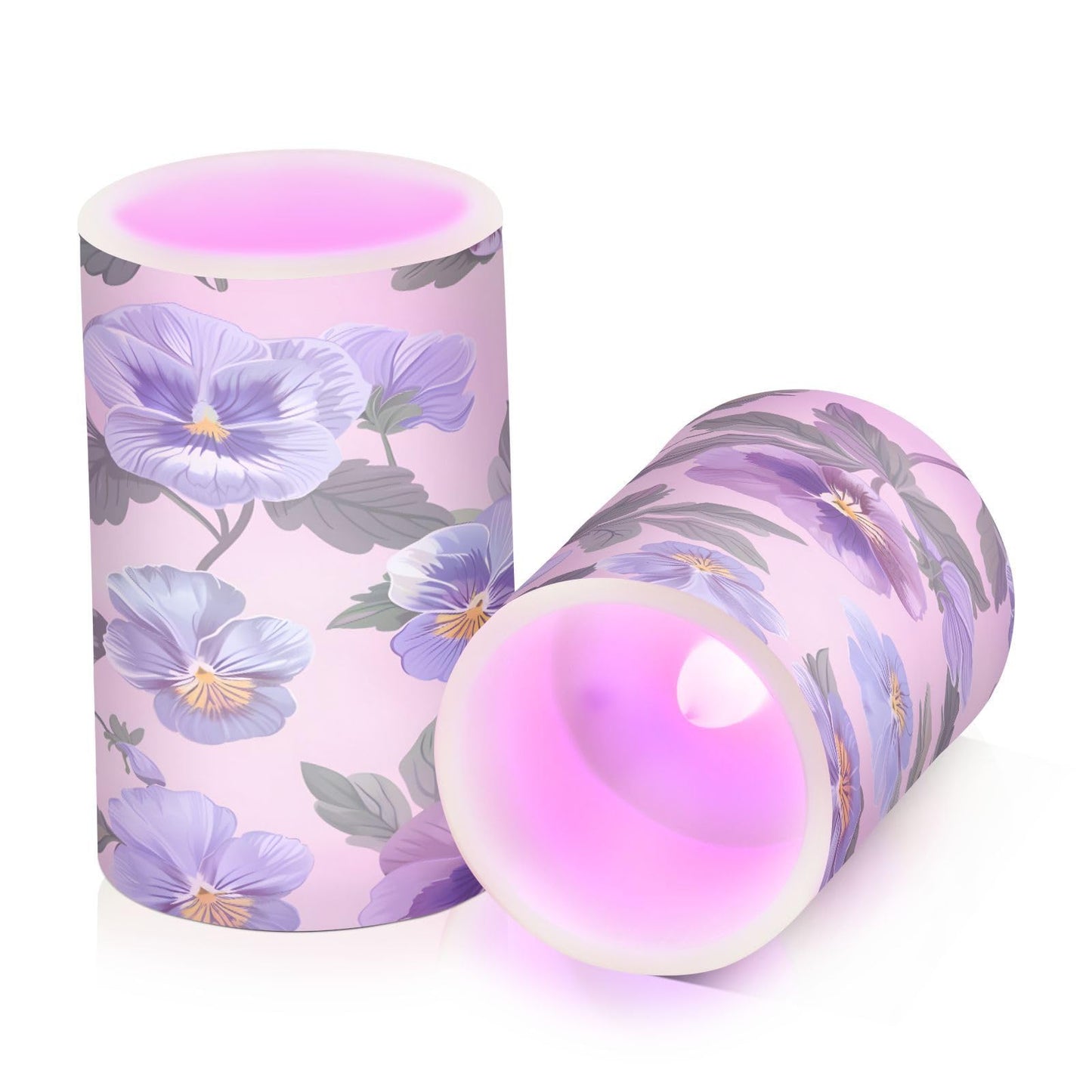 ALAZA Pansy Pink Purple Flowers Flickering Flameless Candles Battery Operated with Remote Timer,Tea Light Candles LED Pillar Votive Candles Set of 2 for Outdoor Indoor
