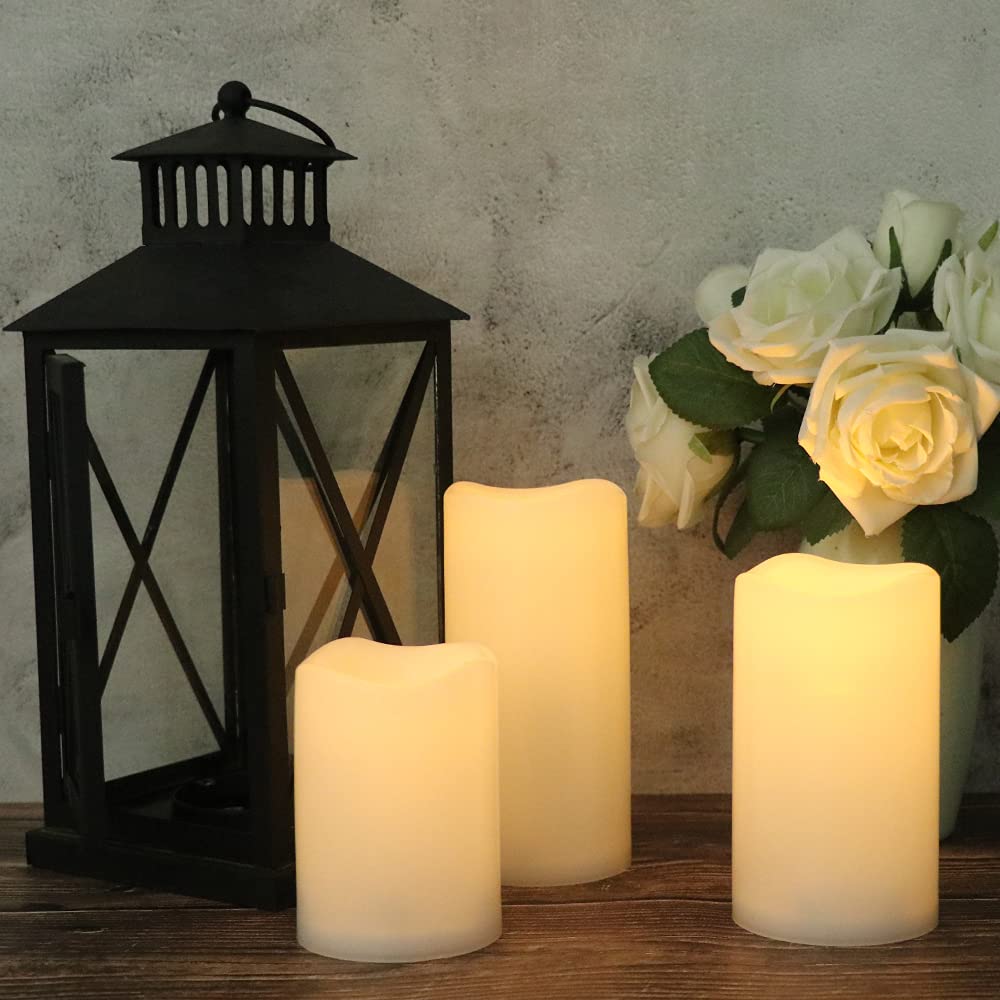 Eldnacele Waterproof Flameless Flickering Candles Weatherproof Battery Operated LED Candle with Remote and Timer White Plastic Pillar Candles Pack of 3 for Indoor Outdoor Lanterns D3”x H4” 5” 6”