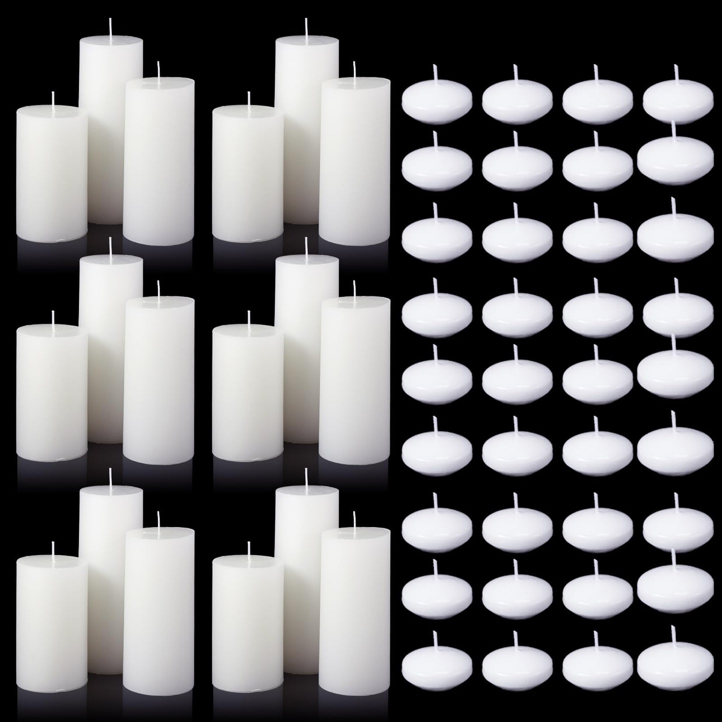 MTLEE 36 Pcs Thanksgiving Day Floating Candle 1.75'' 18 Pcs White Pillar Candles 4'' 5'' 6'' Diameter Dripless Wax Burning Unscented Decorative for Banquet Wedding Dining Party Home Decor