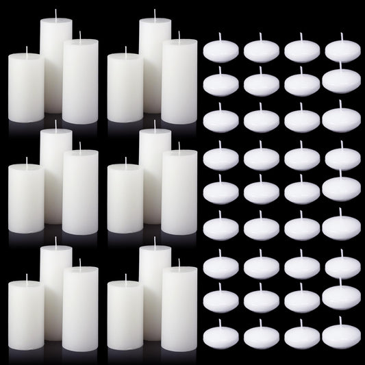 MTLEE 36 Pcs Thanksgiving Day Floating Candle 1.75'' 18 Pcs White Pillar Candles 4'' 5'' 6'' Diameter Dripless Wax Burning Unscented Decorative for Banquet Wedding Dining Party Home Decor