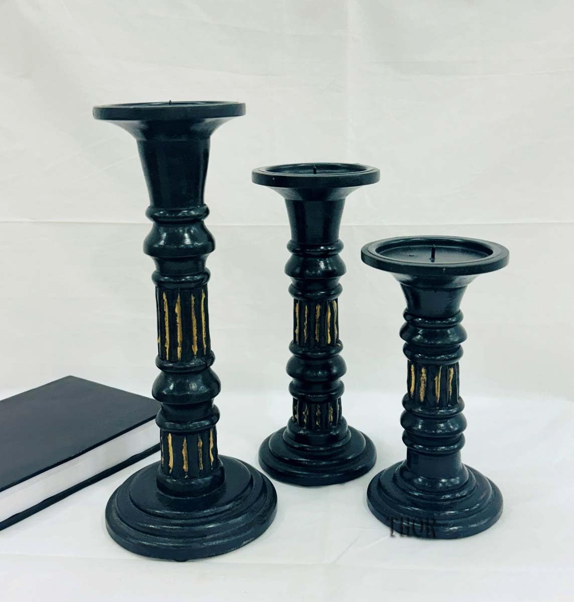 Wood Candle Holders for Pillar Candles (Set of 3) Large Rustic Pillar Candlestick Stands - 8 x 10x 12 inch Candles Holder Modern Farmhouse Decor (Black)