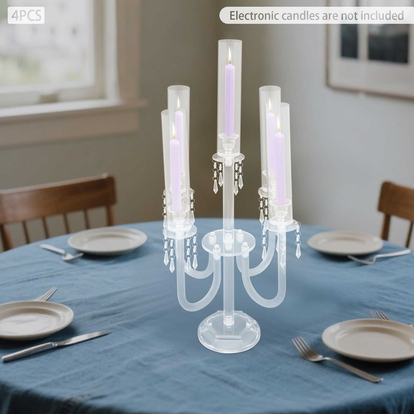 4 Pcs Acrylic Candelabra Centerpieces with Crystal Beaded, 5 Arm Clear Crystal Candlesticks Holder for Wedding, Candelabra Centerpiece Stands with Removable Lampshade for Party