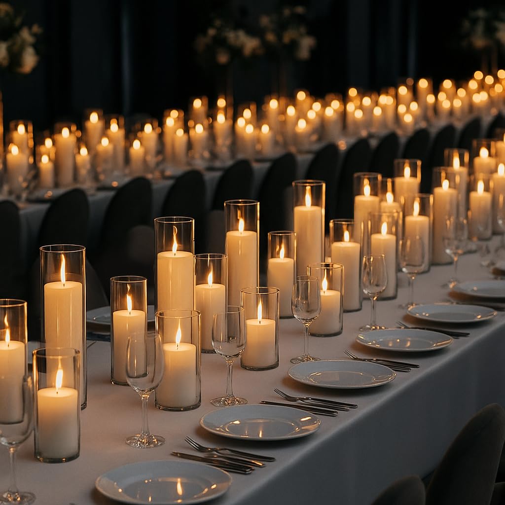 Set of 6 White Pillar Candles with Clear Glass Hurricane Holders- Elegant Cylinder Candle Vases for Weddings, Parties, Centerpieces, Home & Office Decor (White, 6 Set)