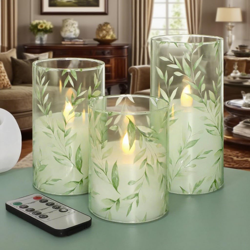 Silverstro Green Flameless Candles with Remote Control - Willow Leaf Design Battery Operated Candles - Elegant Home Christmas Spring Summer Decor Set of 3