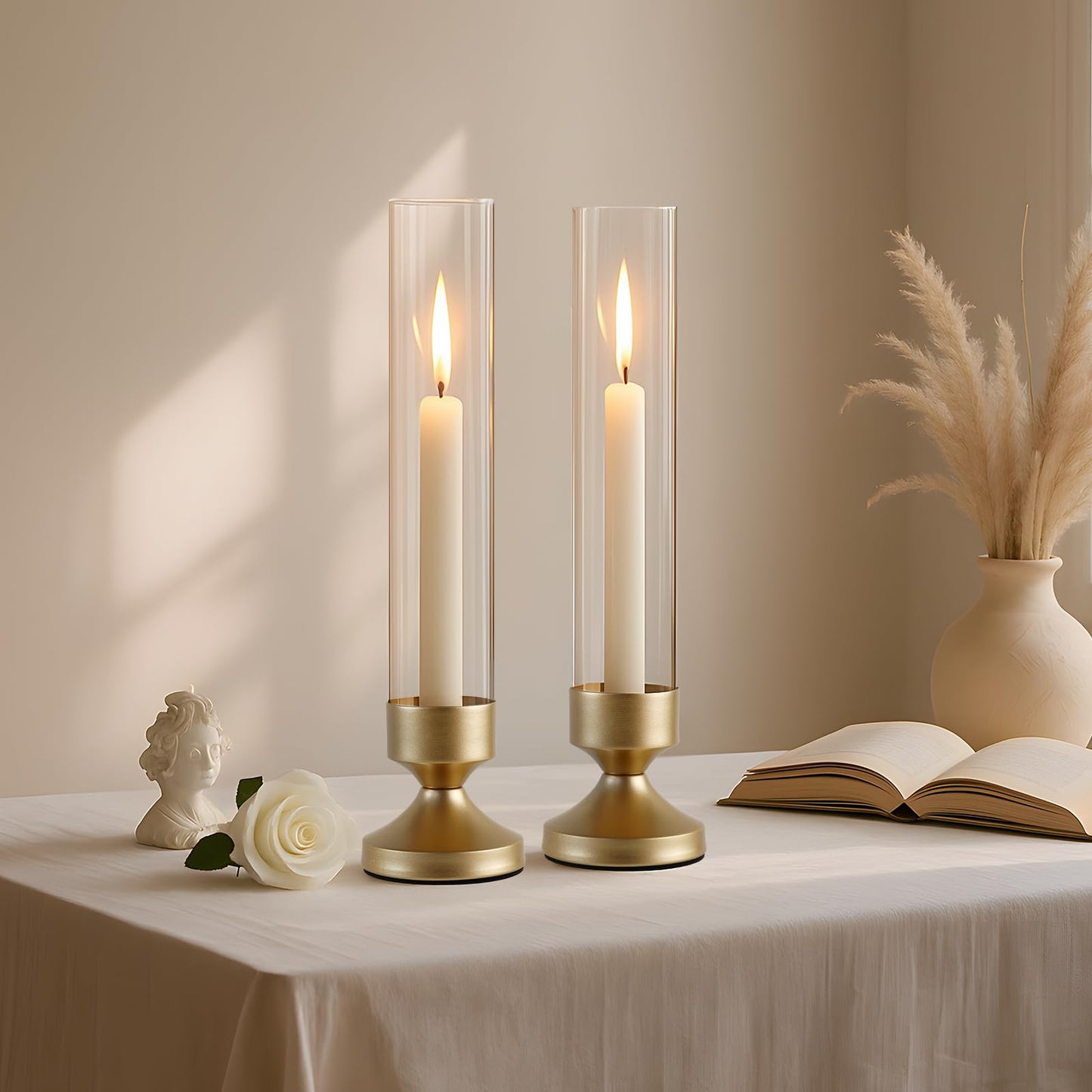 Hurricane Glass Candle Holders, Set of 6 Metal Taper Candlesrick Holders for Centerpieces Tall Gold Candle Stands Bulk with Glass Cylinder for Wedding Birthday Party Table Decor