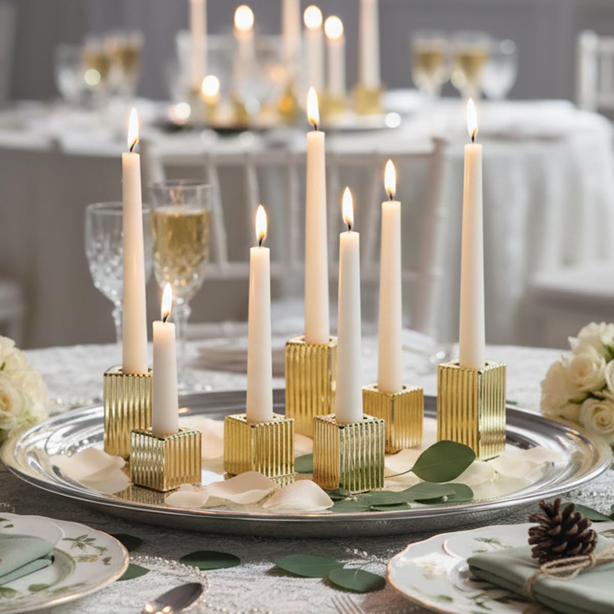 LETINE 12pcs Gold Vertical Stripe Glass Candlestick Holders - Chic Taper Candle Sticks Holder Set for Elegant Dining & Home Decor - Wedding Centerpieces, Parties, and Celebrations