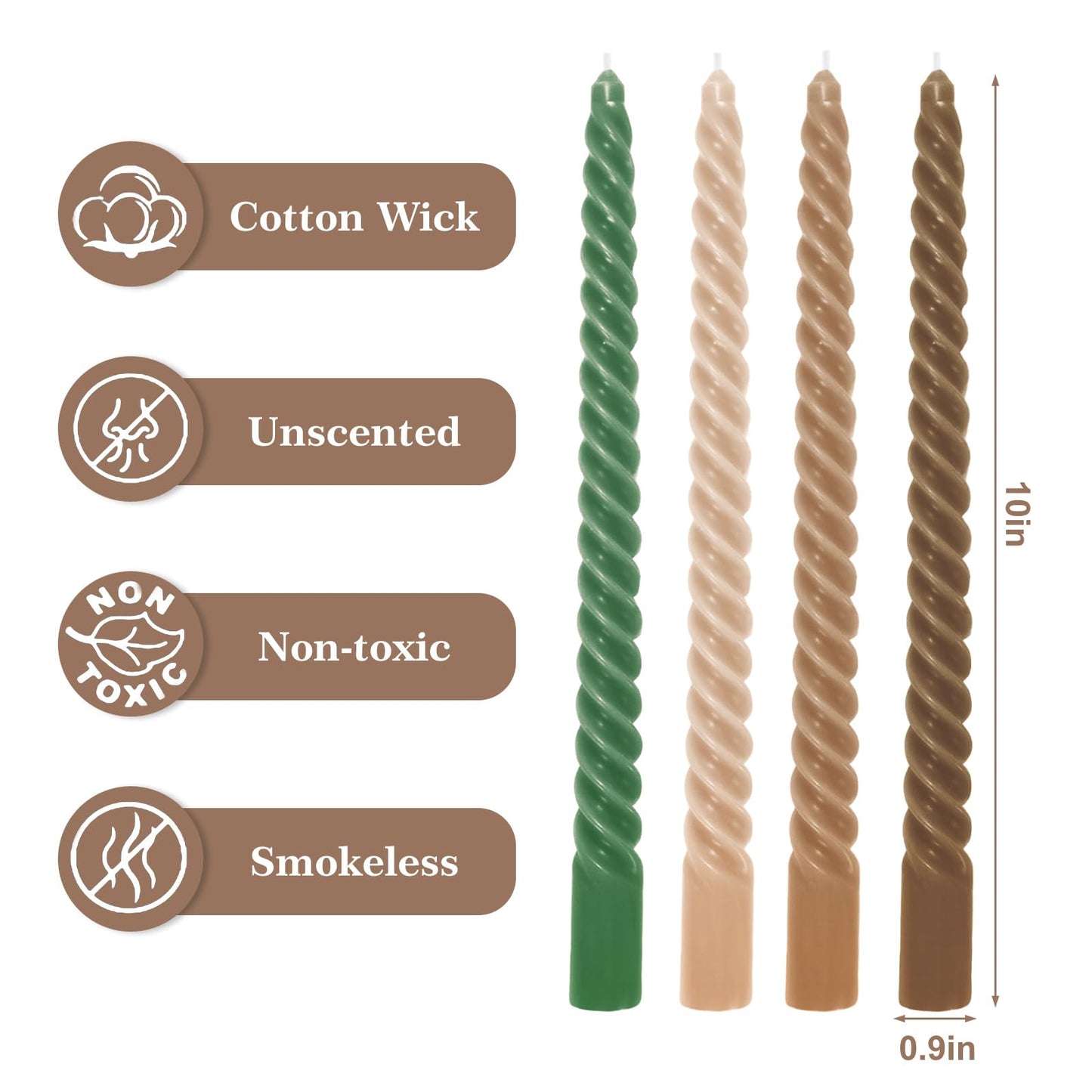 Whaline 8 Pcs 10 Inch Woodland Spiral Taper Candles Green Brown Dripless Twisted Wax Candles Long Unscented Candle Sticks for Home Forest Party Table Decor Supplies