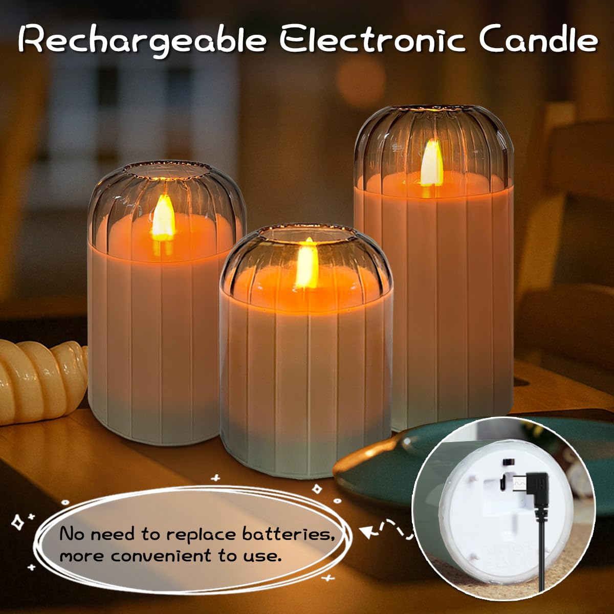 LEDHOLYT Rechargeable Flameless Candle, Flashing LED Pillar Real Wax Candle with Remote Control and Timer, Green Pumpkin Glass Electronic Candles for Room Decoration, 1 Set of 3