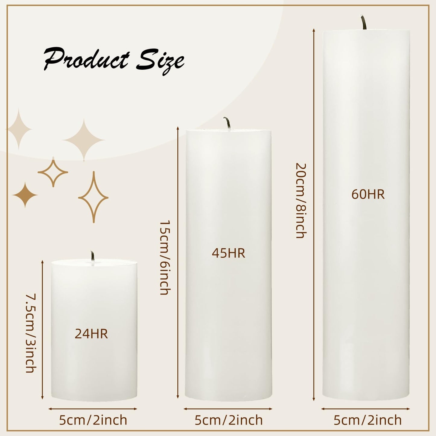 Nuogo 24 Pcs Ivory Pillar Candles Bulk Set of 3 Long Burning Wax Pillar Candles 2 in x 3, 6, 8 Inch Dripless Unscented Smokeless for Wedding Party Spa Lantern Fireplace Home