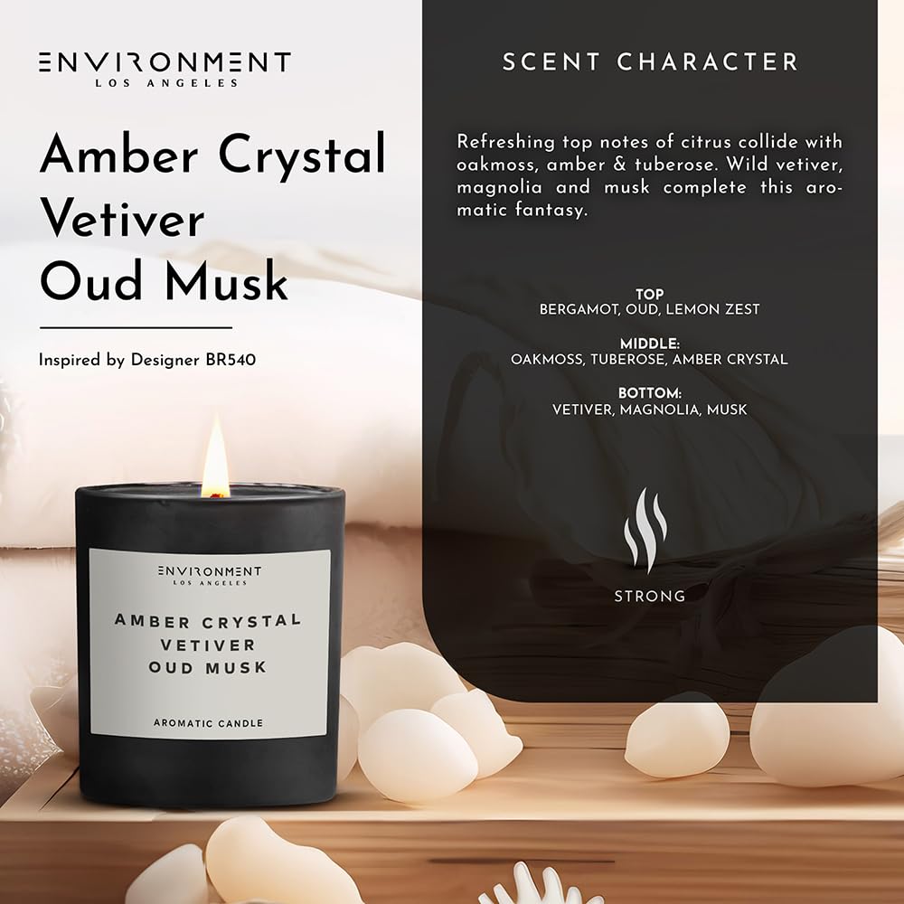 ENVIRONMENT Inspired by Designer Perfume BR540 Candle, 8oz Luxury Coconut Apricot Wax Candles for Home (Amber Crystal | Vetiver | Oud Musk) Home Fragrance Products, 1 Wick Candle, Vegan & Cruelty-Free