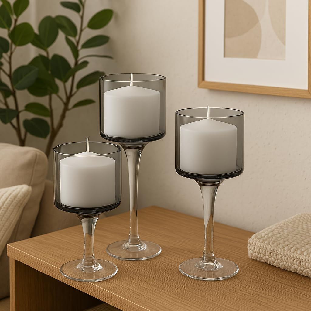 Koyal Wholesale 3Pcs Smoke Black Floating Candle Holder, Long Stem Candle Holders Set of 3, Black Tea Light Floating Candle Holder Centerpiece, Glass Stem Pillar Candle Holders Home Decor