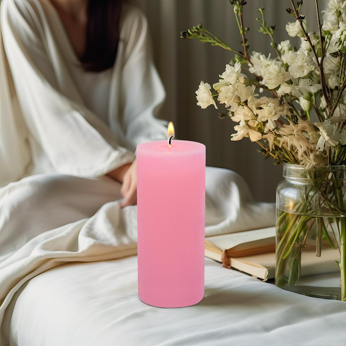 Pillar Candles Set of 2, Hand-Poured Unscented Candles, 3"*8" Pink Decorative Candles, No Drip, Long Burning,Wedding,Dinner,Christmas and Home Decor