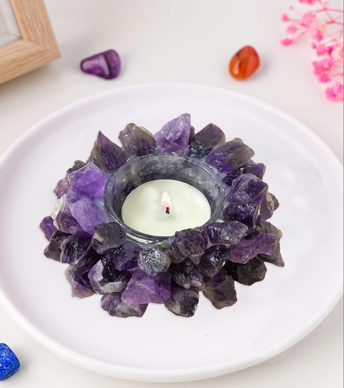 Erliway Natural Raw Dream Amethyst Crystals, Raw Crystal Tealight Candle Holder Crystal Stone Candle Stand High Energy Geode Votive with Healing Effects (Not Included Candle)