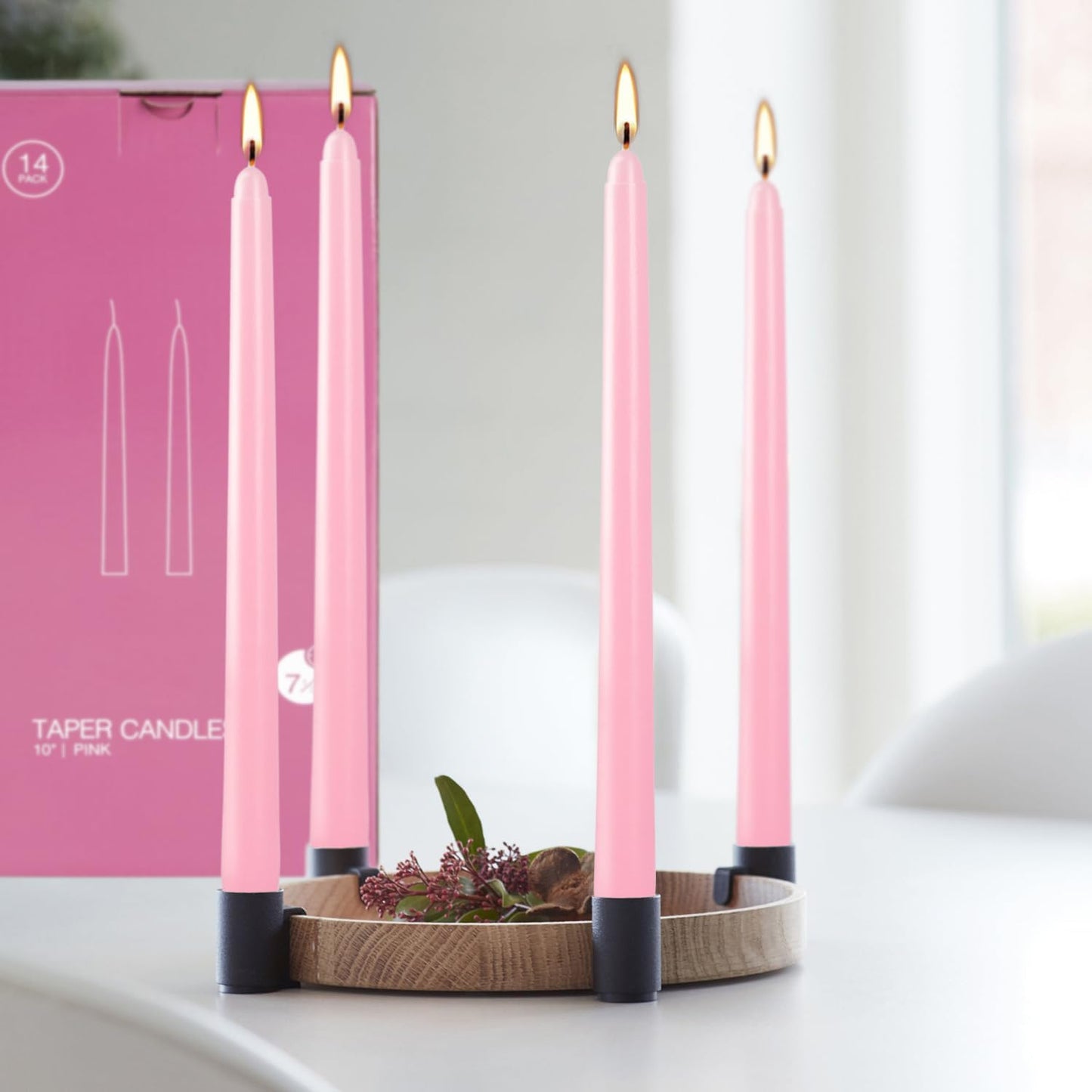 14-Pack Pink Taper Candles - 10 Inch Unscented Dripless Candlesticks, Long Burning for Weddings, Bridal Showers, Valentine's Day & Romantic Dinner Parties