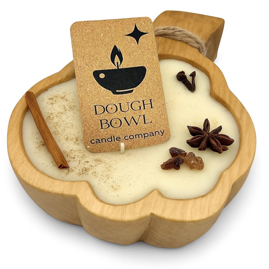 Dough Bowl Candle Co. Pumpkin Candle - 8" x 6" x 1.75" Pumpkin Spice Wooden Fall Candles with 35 Hour Burn Time, 3 Wick Fall Scented with 100% Soy Wax, Holiday Decorations, Autumn Room Decor