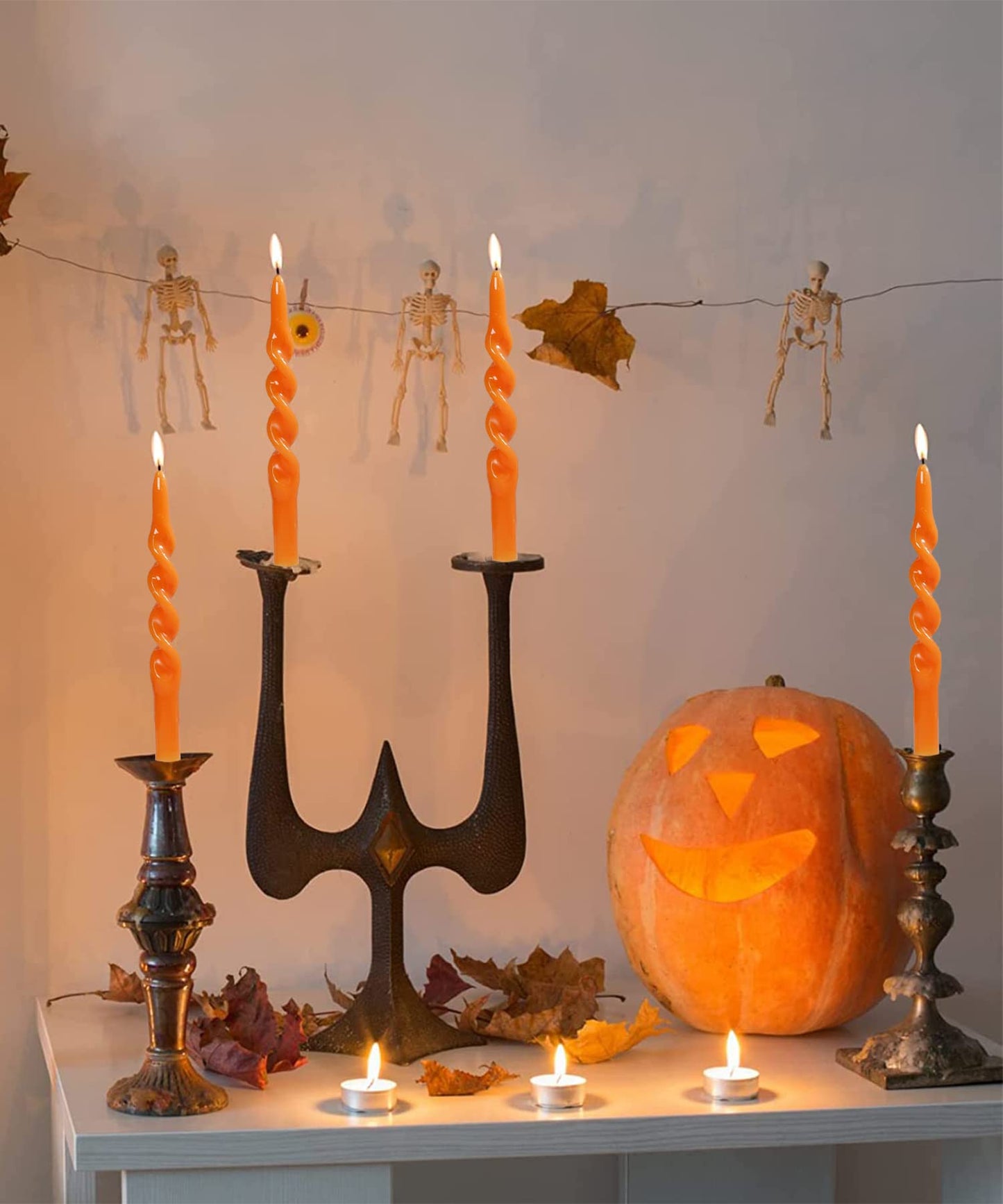 LPUSA Orange Spiral Taper Candles Halloween Decorations Candle Conical Stick Candles for Holiday Wedding Party Wax Unscented Dinner Candle Dripless,H 10 Inch,4pcs（Orange-B）