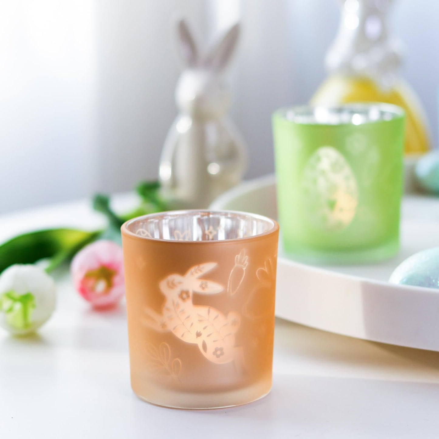 SHMILMH Easter Candle Holders Set of 4 Frosted Glass Votive Tealight Holders Engraved with Bunny Egg Easter Decorations Home Decor Table Centerpiece Gift for Women