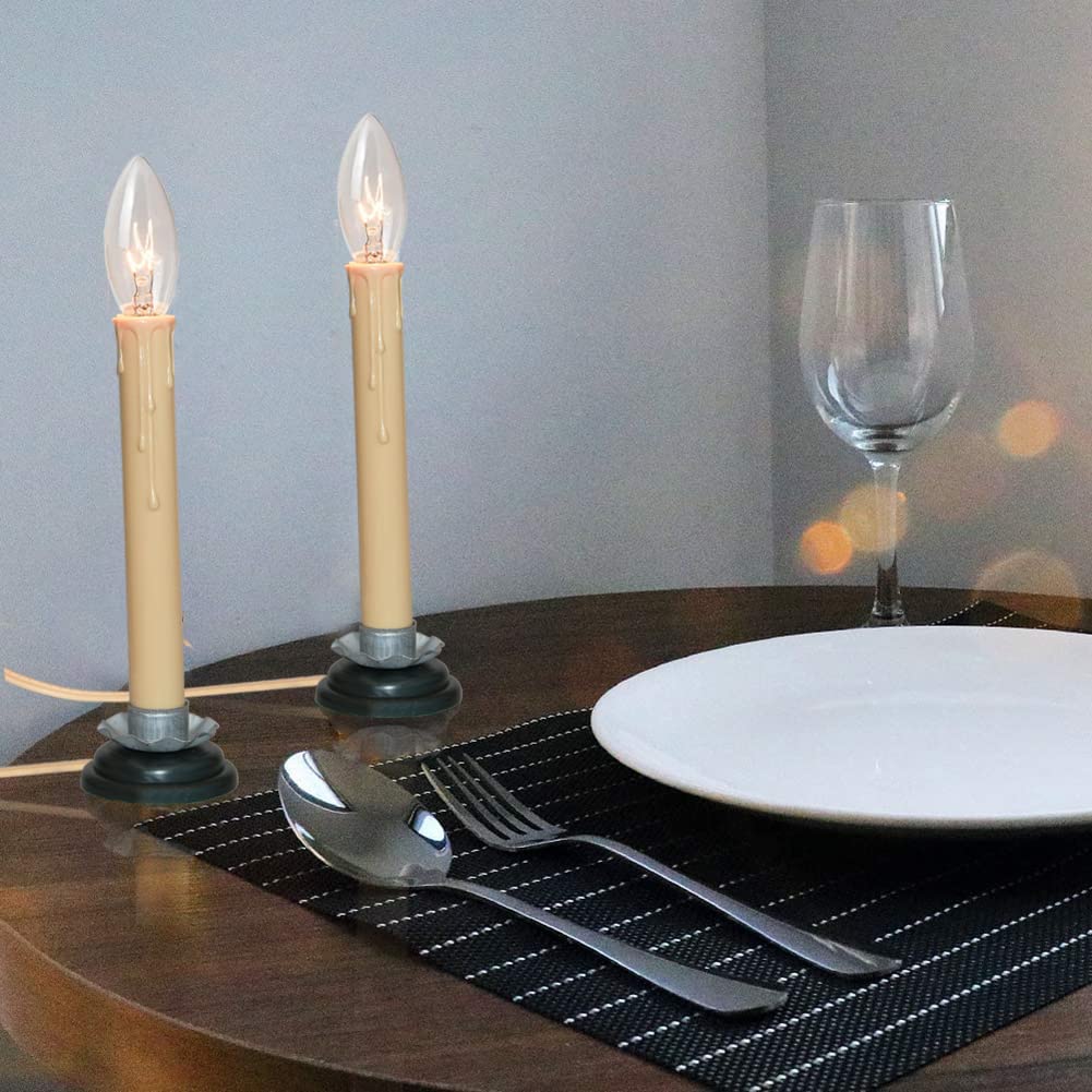 SUNSGNE Set of 4 Electric Window Candles, 7 Inch Plug in Window Candle Lamps with 7 Watt C26 Bulbs, Electric Candles with Black Wood Plum Iron Base, Turn On/Off Switch Candlesticks, Ivory Cord