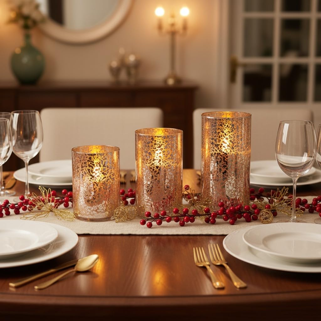 Silver Mercury Crackle Glass Flameless LED Pillar Candles Set of 3 – Warm White Flicker, Remote & Timer, Batteries Included, for Mother's Day, Spring Weddings, Home Decor & Romantic Ambiance
