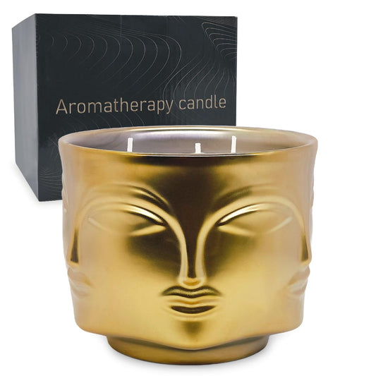 3 Wicks 20oz Apple&Cinnamon Scented Candle in Gold Buddha Pattern Heavy Ceramic Pot, Large Natural Soy Wax Aromatherapy Candle Set for Spa Yoga Meditation Home Dinner Table Decor