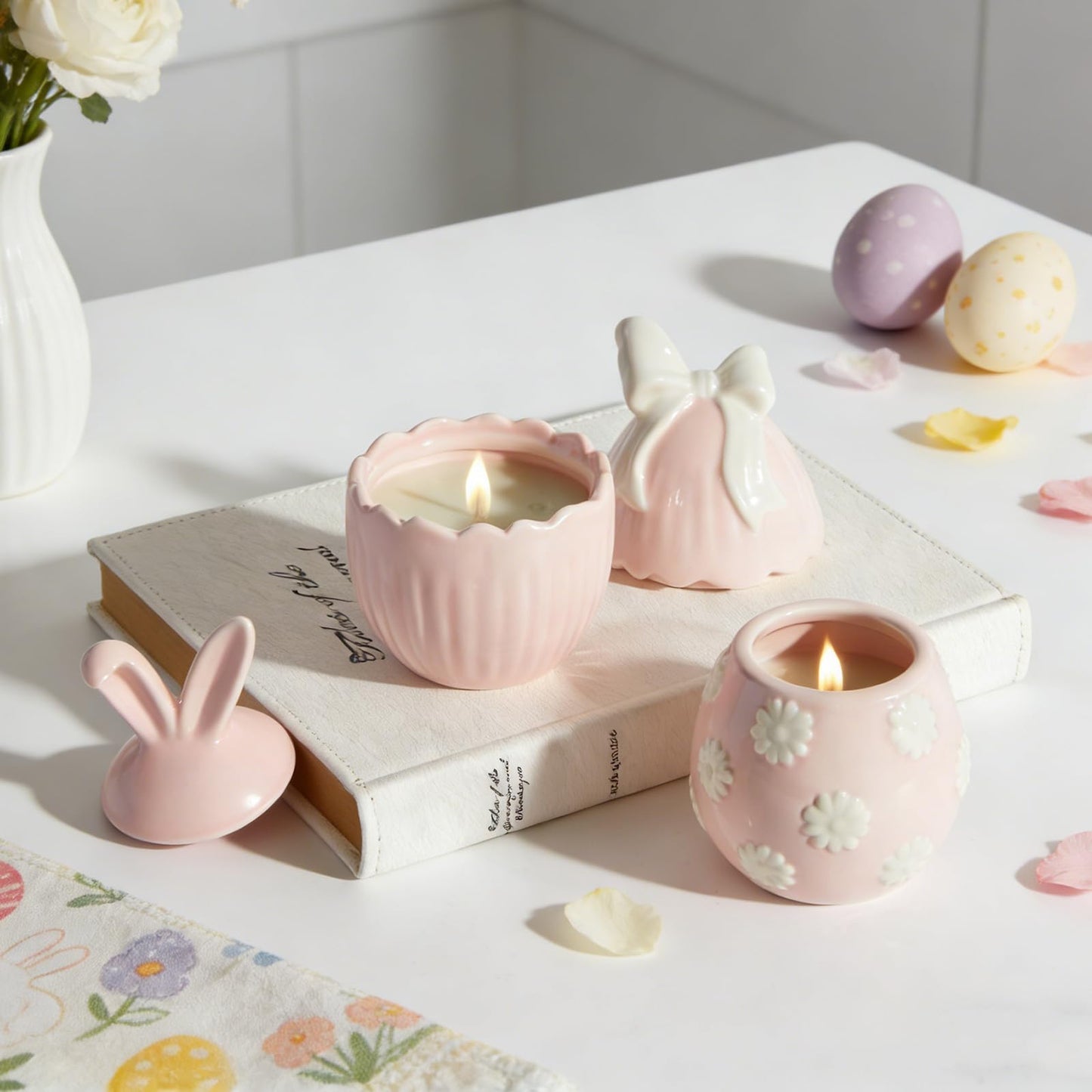 WDS WONDROUS 2-Pack Easter Bunny & Bow Ceramic Jar Candles, Egg Shaped Soy Wax Scented Candles with Daisy and Striped Design, Spring Home Decor Gift Set for Women, Pink Farmhouse Table Centerpiece