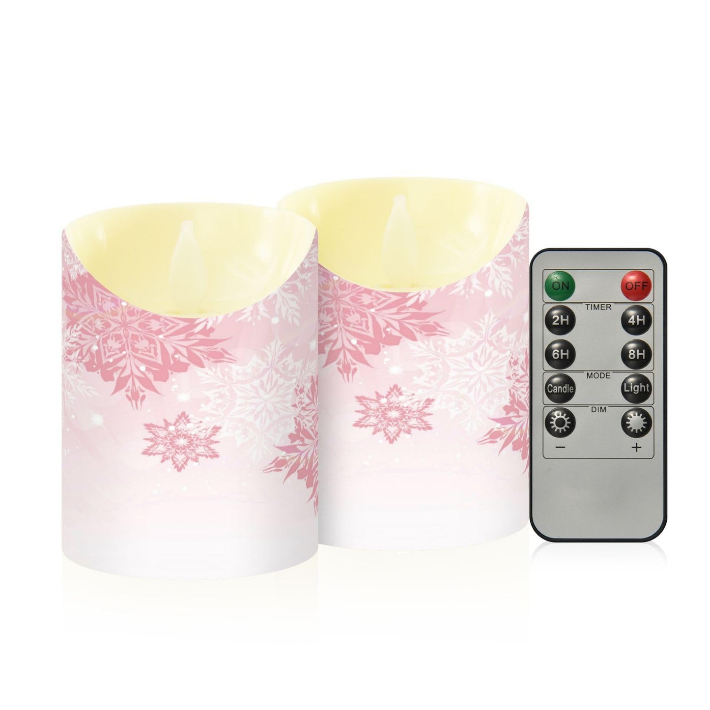 Christmas Flameless Candles Set of 2 Pink Snowflakes Realistic LED Candles with Remote Battery Operated Holiday Decorations
