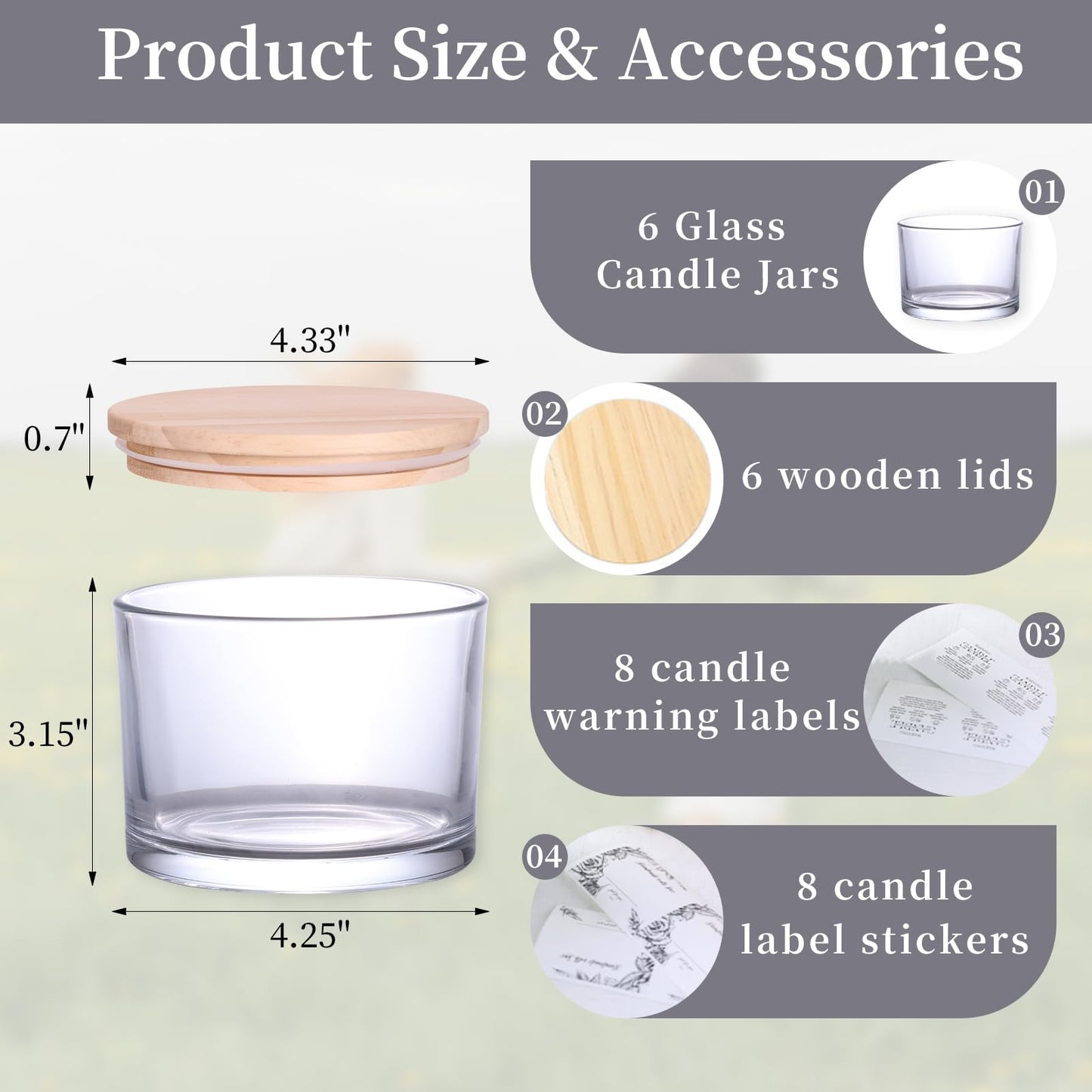 simeitol 16 OZ Clear Candle Jars for Making Candles 6 Pcs, Glass Candle Jar with Airtight Bamboo Lids - Empty Candle Jars Bulk with Sticky Warning Labels - Dishwasher Safe