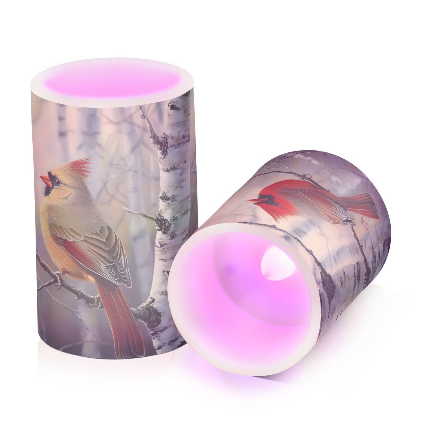 ALAZA Autumn Winter Red Birds on Birch Tree Flickering Flameless Candles Battery Operated with Remote Timer,Tea Light Candles LED Pillar Votive Candles Set of 2 for Outdoor Indoor Decorations