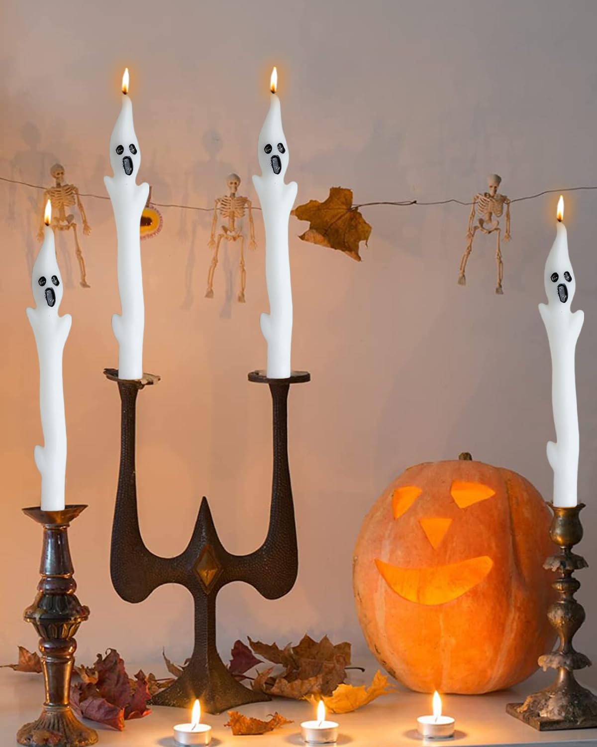 10inch Ghost Taper Candles White Tall Taper Candle with Decorative Candlestick for Halloween Table Decorations,Set of 2