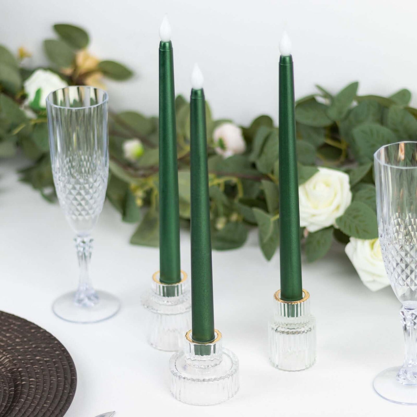Efavormart Set of 3 | 11" Hunter Emerald Green Flameless LED Taper Candles, Warm Flickering Battery Operated Candles for Christmas & Forest Theme Decor