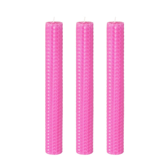 KONNI Pink Beeswax Taper Candles, 0.87 inch x 7.87 inch Hand-Rolled, Unscented, Smokeless Beeswax, Long Burning Time, Flat Top (Pack of 3), for Weddings, Dinner Parties, Spas, and Home Decor