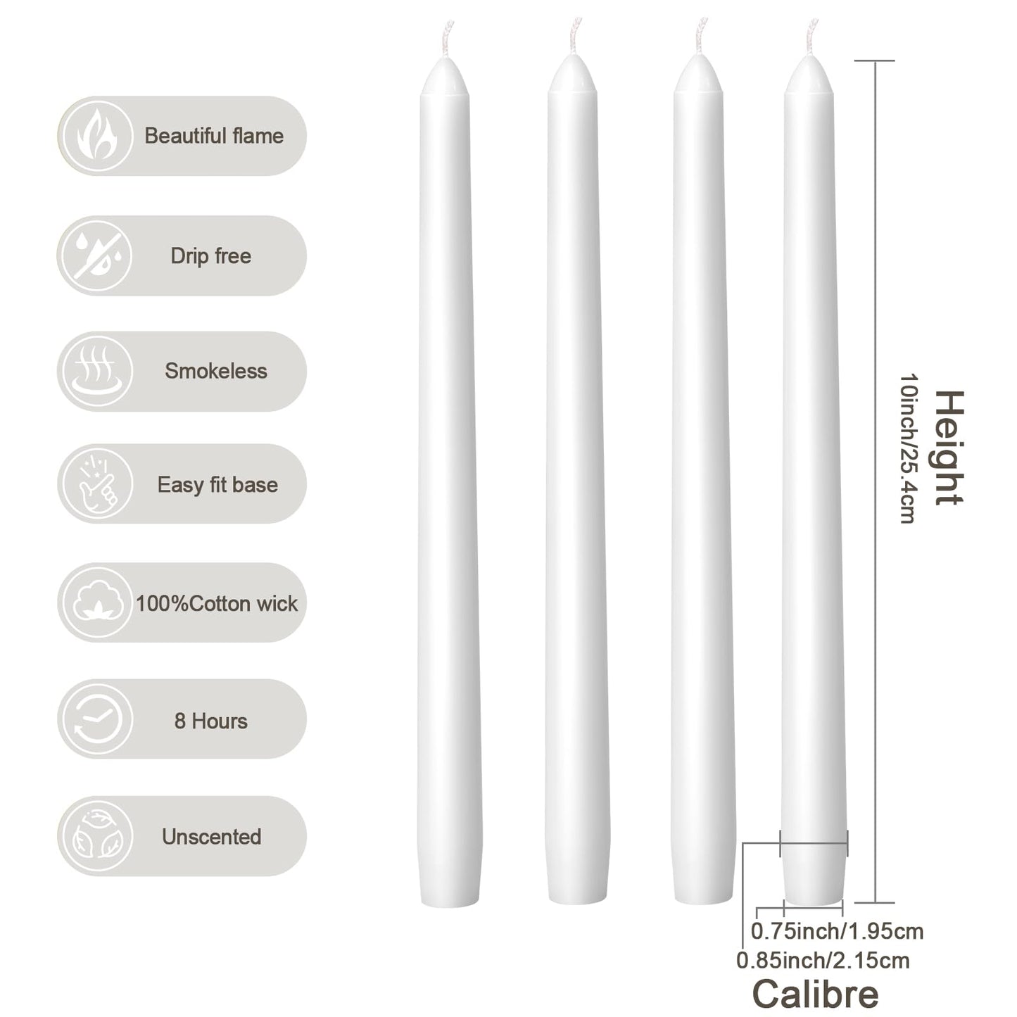 Everymoment White Taper Candles - 4 Pack 10 Inch Candlesticks - Dripless & Smokeless for 8 Hours - Unscented Paraffin Wax - Perfect for Wedding Christmas Halloween Holiday Dinner Table & Home Decor