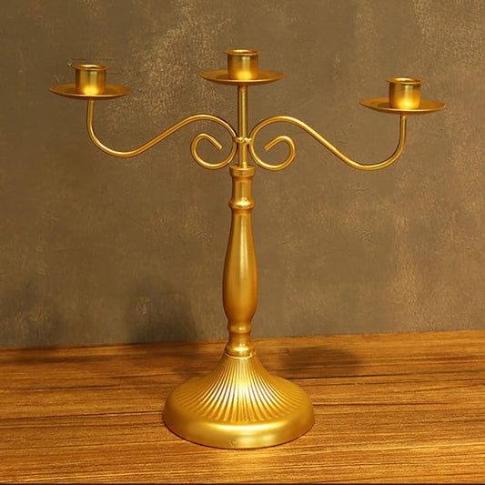 Vintage Gold 3 Arm Candelabra, 3-Candle Metal Candelabra Candlestick Holders for Taper Candles, Candle Stands for Home Decor, Wedding, Parties, Dining Table Centerpiece (Gold, 3 Arm Candelabra)