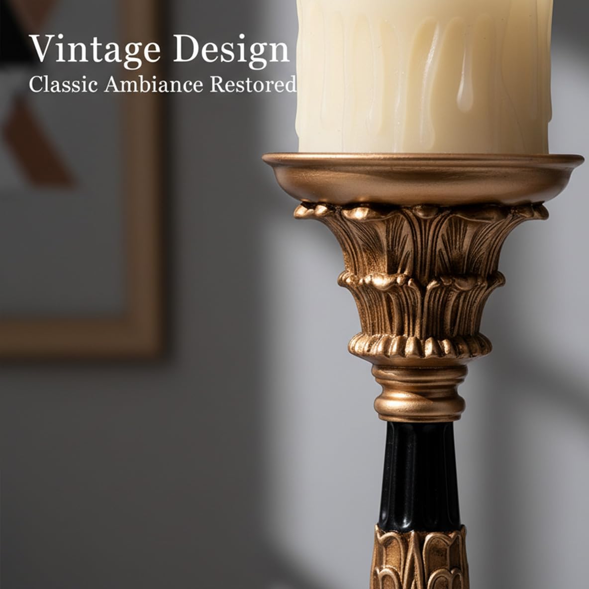 Resin Pillar Candle Holders Set of 3 – an Antique Gold Frame with Engraved Decorations (9", 7.5", 6") with 3.1" Tray & Velvet Anti-Slip Base for Table Centerpiece and Fireplace Mantel Decor