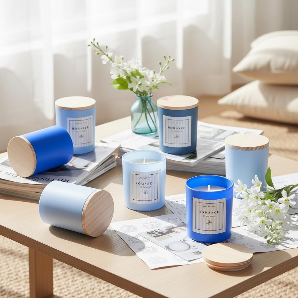 REISEN 12Pcs Assorted Blue Candle Jars, 10oz Glass Candle Containers for DIY Gifts and Storage, Frosted Blue Glass Jars with Bamboo Lids and Labels