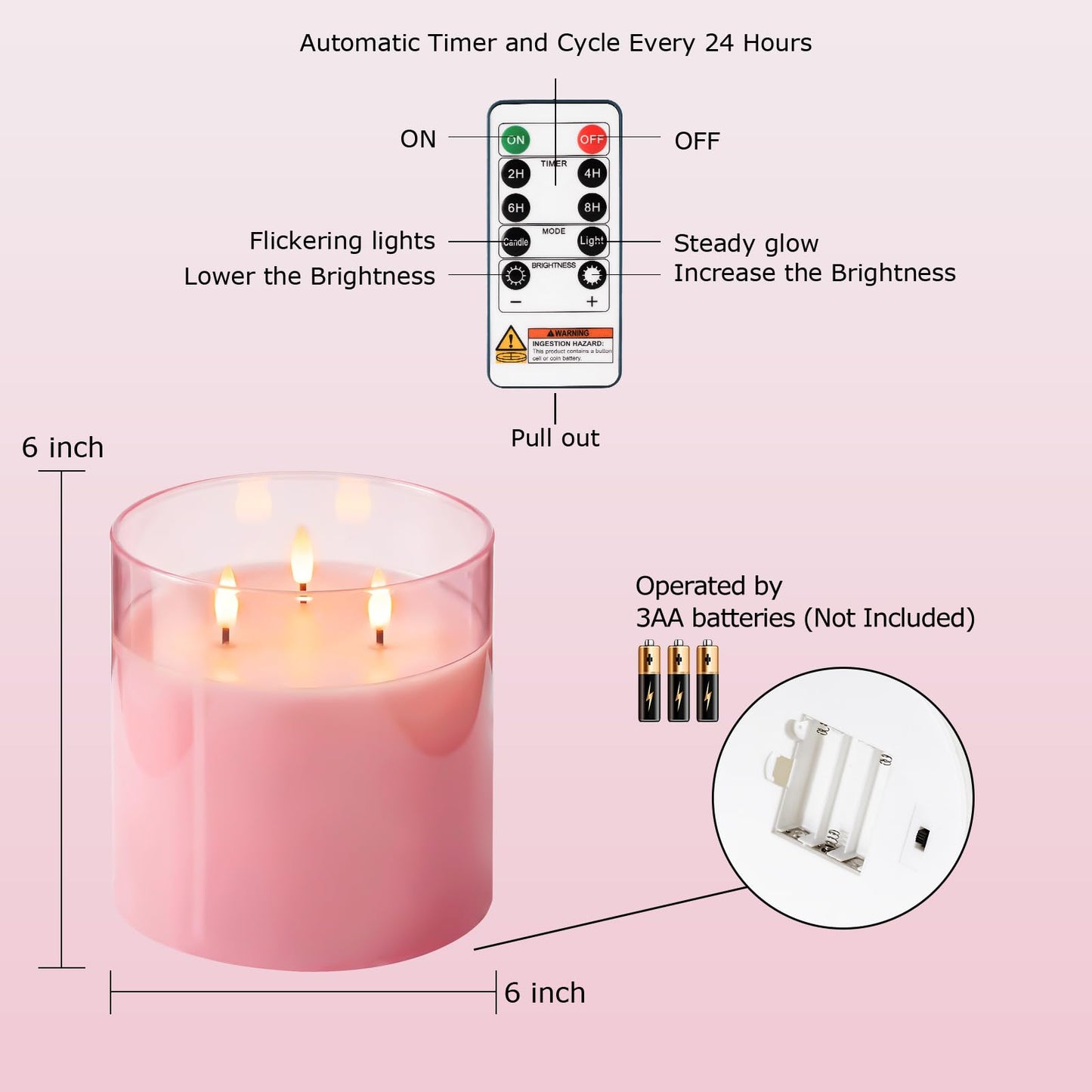 Homemory 6x6 Extra Large Flameless Candle with 3 Wicks, Pink Glass LED Pillar Candle, Real Wax Battery Operated Candle with Remote and Timer, Flickering Flameless Candle Home Wedding Valentine Decor