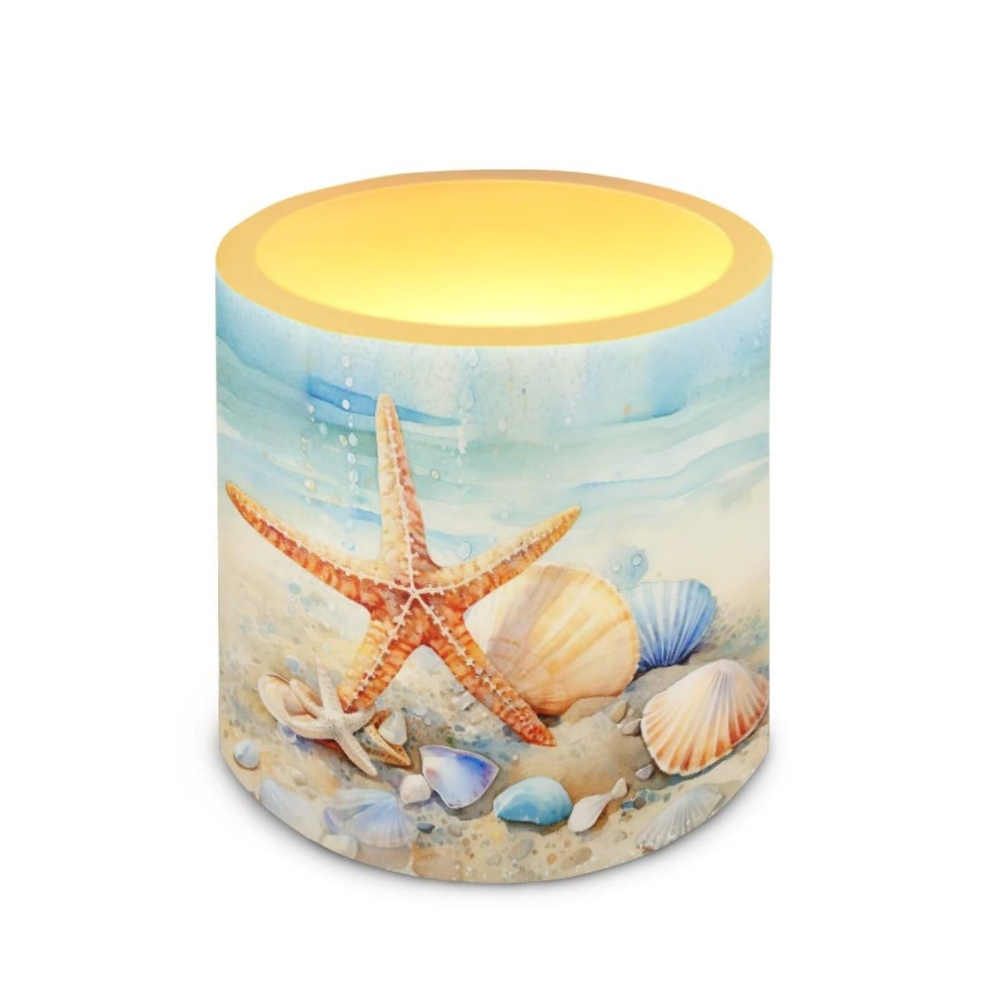 Merkmak 4 Pcs Coastal Flameless Candles Bulk with Remote Battery Operated Pillar Candles with Timer Painting Starfish Shell LED Tea Lights for Beach Theme Home Bathroom Bedroom Decorations