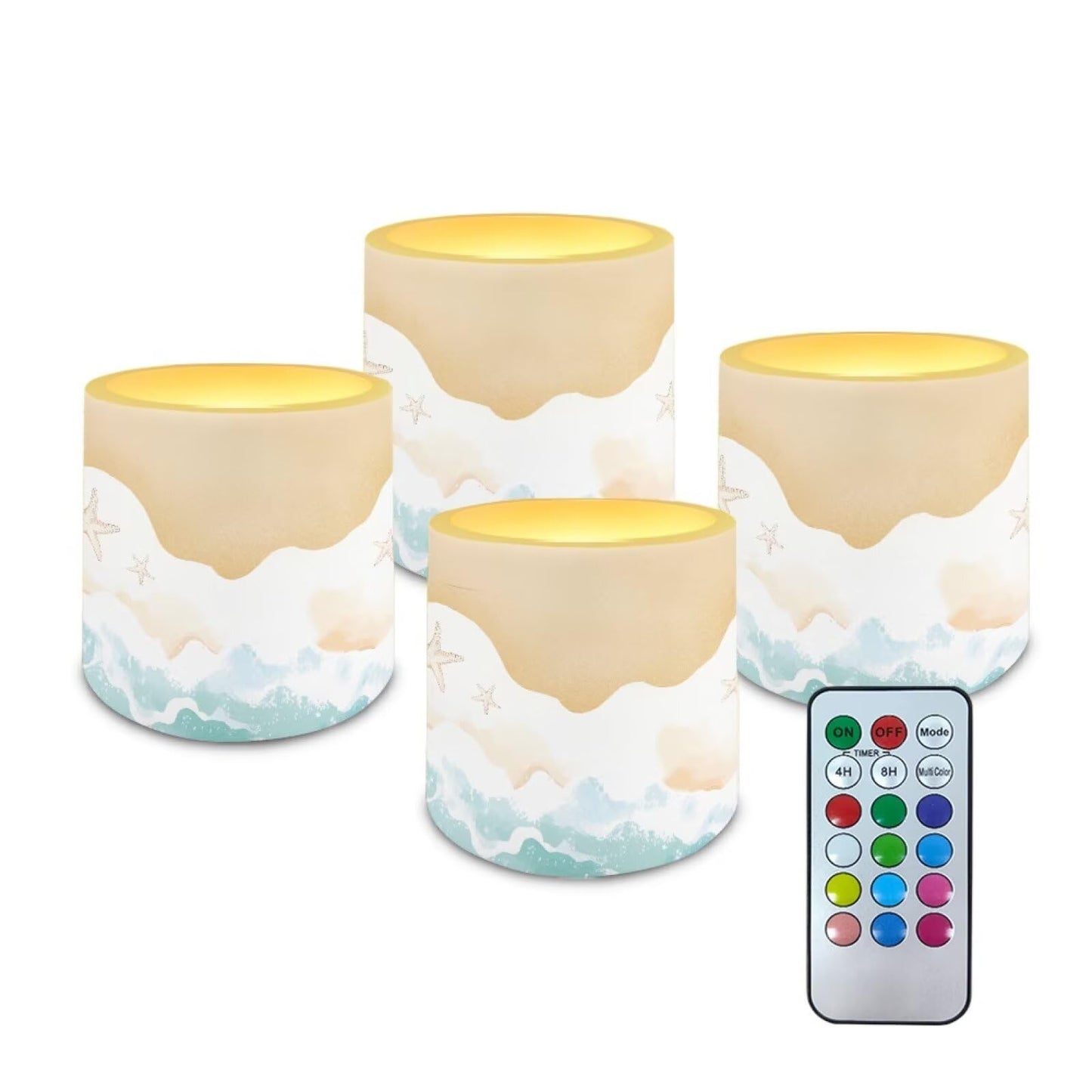 NETILGEN Beach Ocean Wave Decorative Flameless LED Pillar Candles with Timer Remote Control 4 Packs Set 3 inch Realistic Flickering Candles with Battery Powered