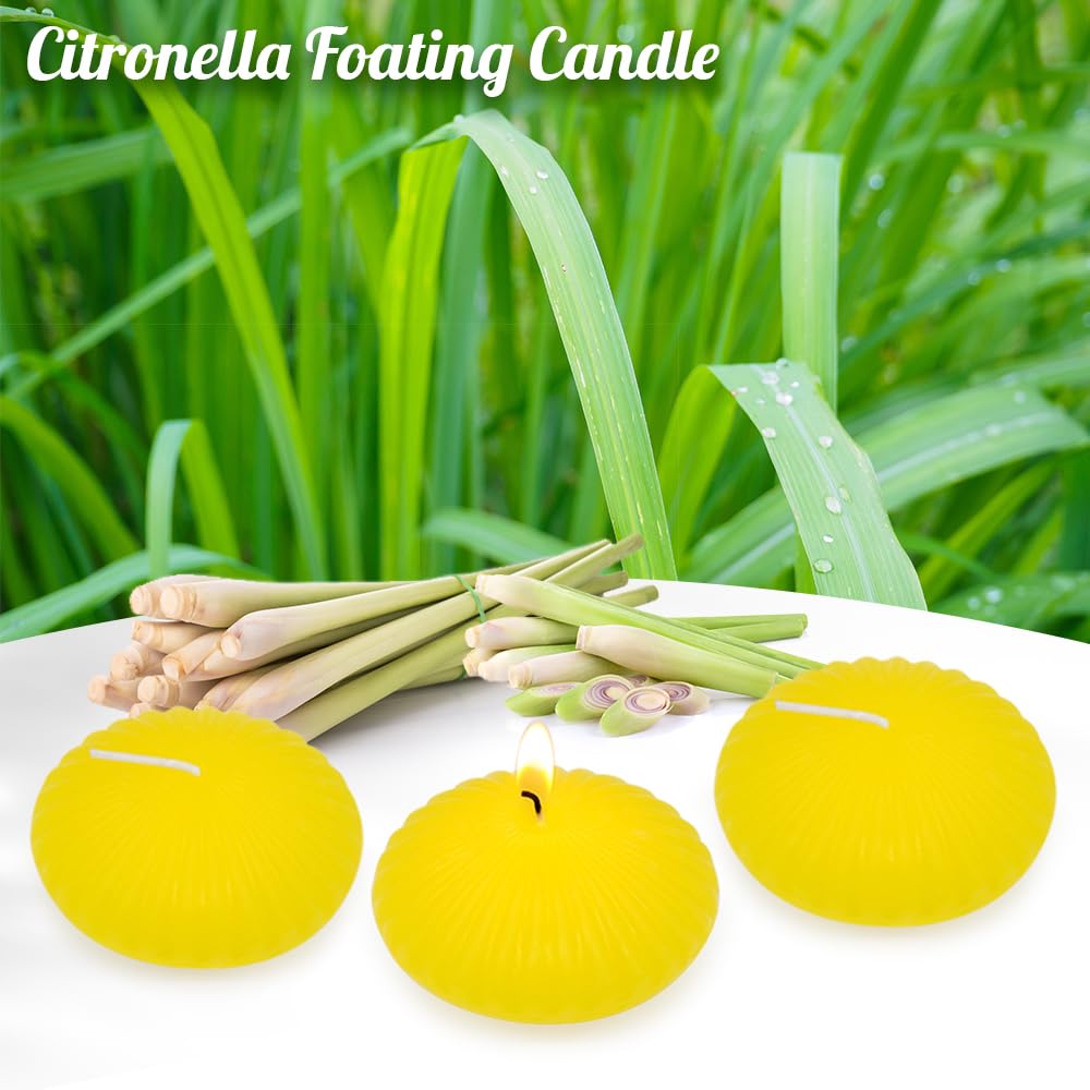 6-Pack 3 Inch Citronella Floating Candles, Large Elegant Waterproof Tealight Candles - Dripless and Long-Lasting for Pools or Water Bowls