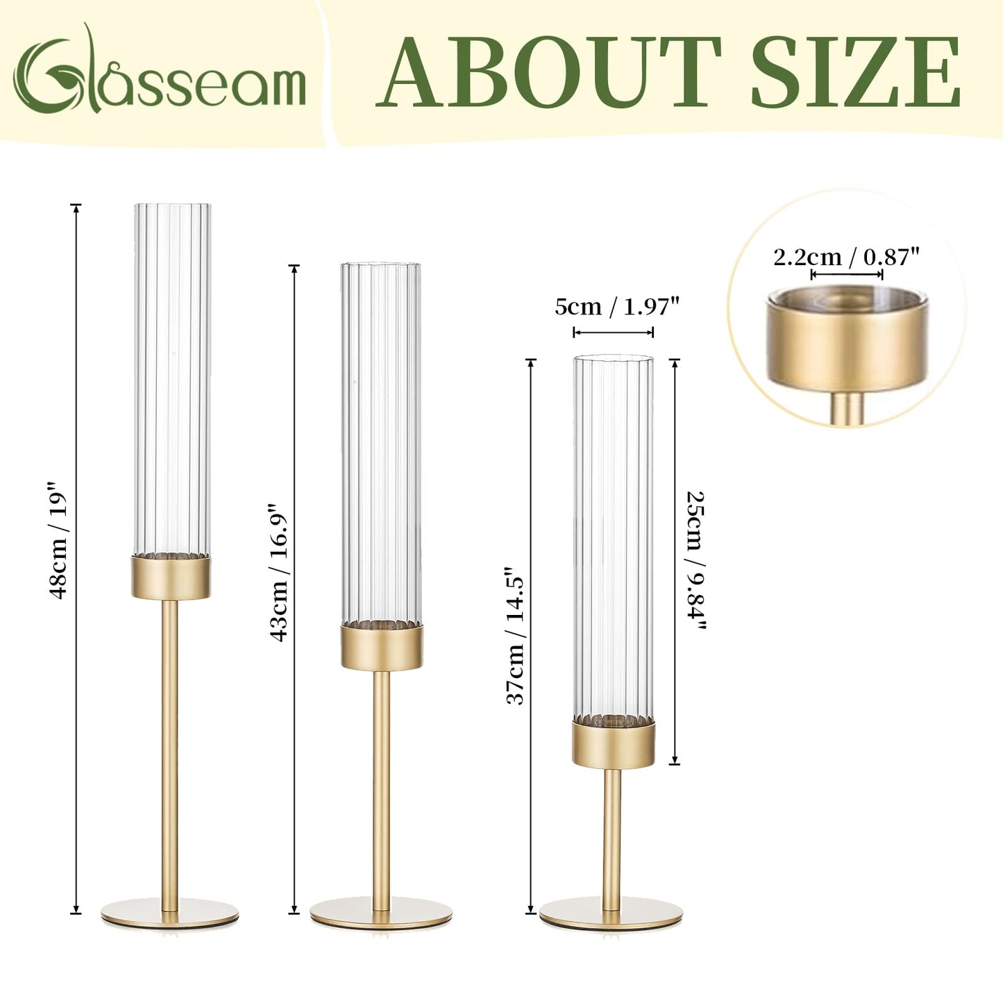 Gold Hurricane Taper Candle Holders: Glasseam 3Pcs Brass Candlestick Holders with Ribbed Glass Cylinder Cover Fluted Tall Candle Sticks Holder Decor for Table Centerpiece Wedding Christmas Decorations