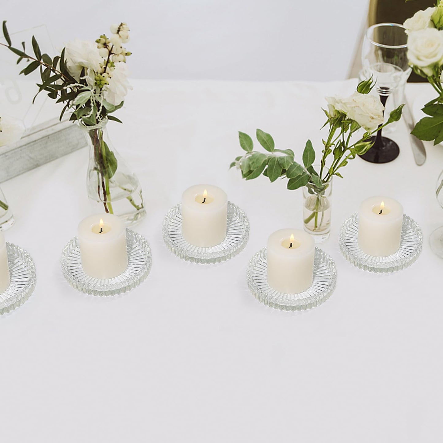 CHOCSTAY Glass Pillar Candle Holder, 4" Clear Candle Plates Set of 3, Glass Candle Holders for Wedding, Party, Holiday, Home Decor, Table Centerpiece