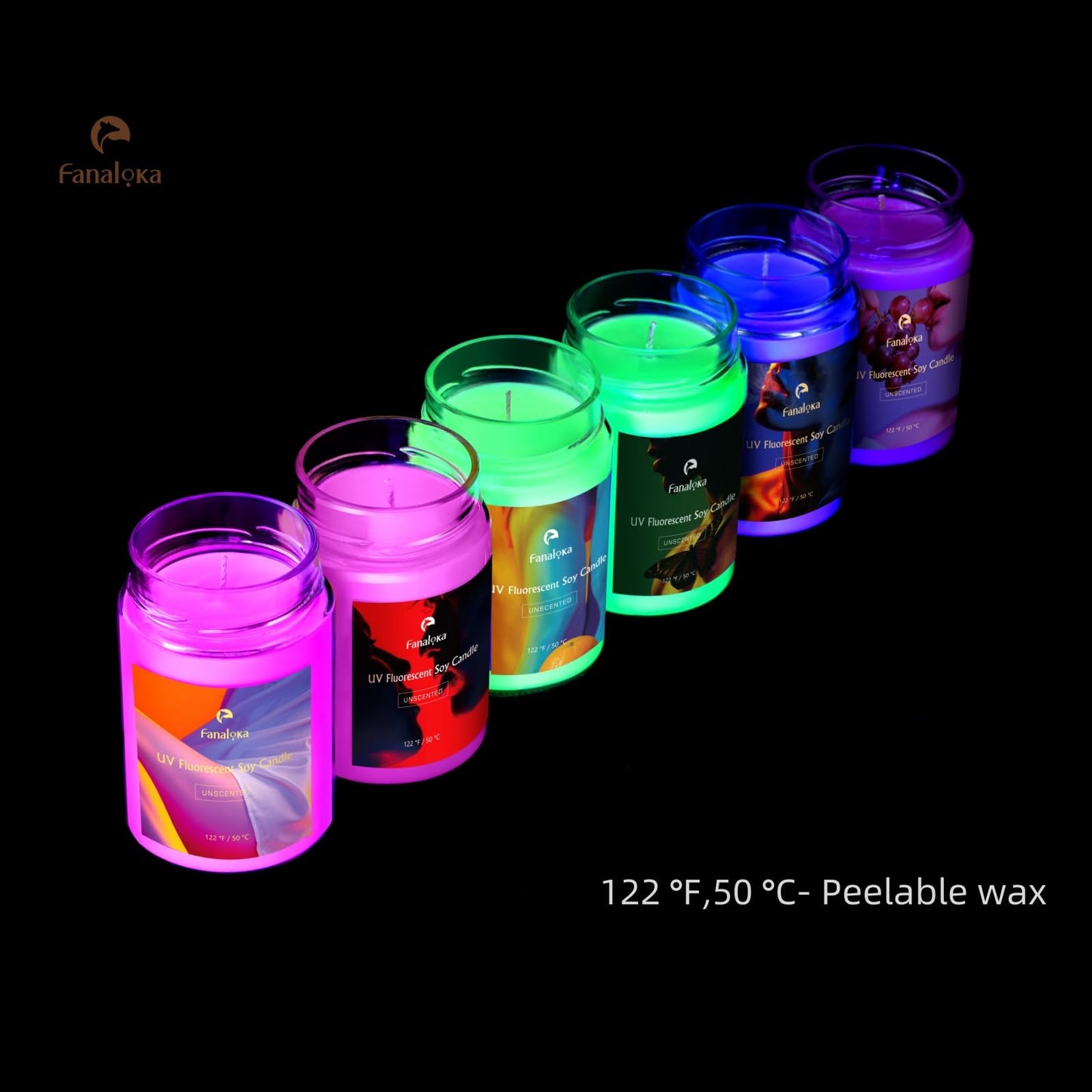 UV Fluorescent Soy Wax Low Temperature Candles, Low Heat Body Safe Candle for Night Party, Unscented, 122 °F, 11 oz, Peelable Wax (Red)